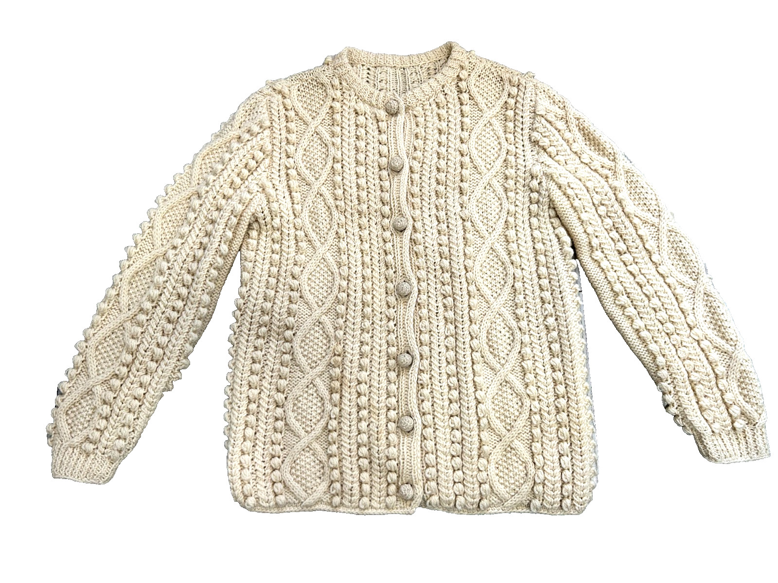 Vtg 70s Hand Knit Wool Aran Fisherman Cardigan Sweater Popcorn Coquette L-XL EUC