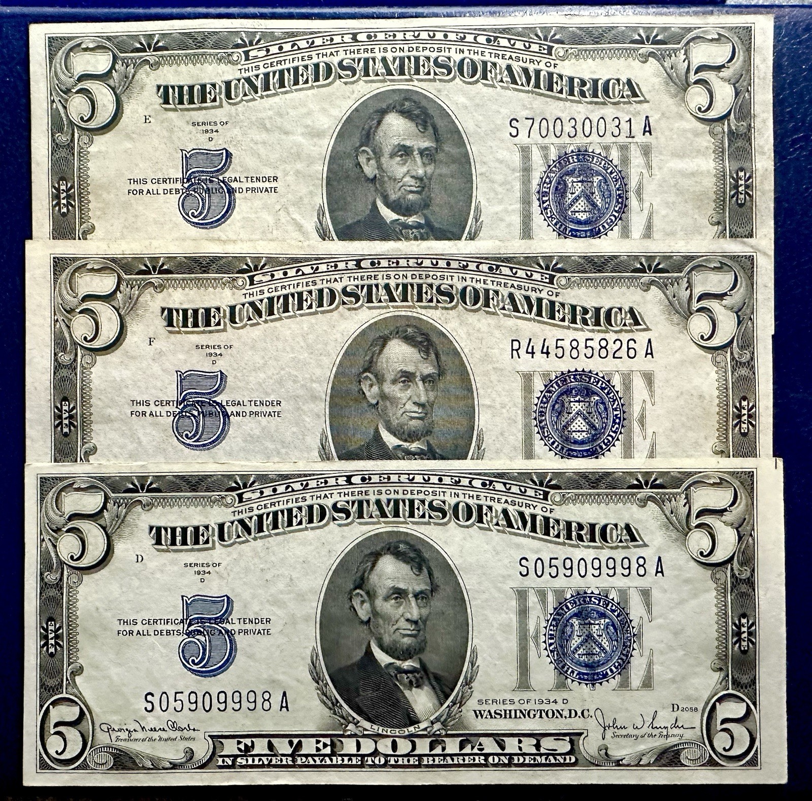 Beautiful Lot of 3 AU 1934-D U.S. $5 Blue Seal Silver Certificates SN\'s in Desc.