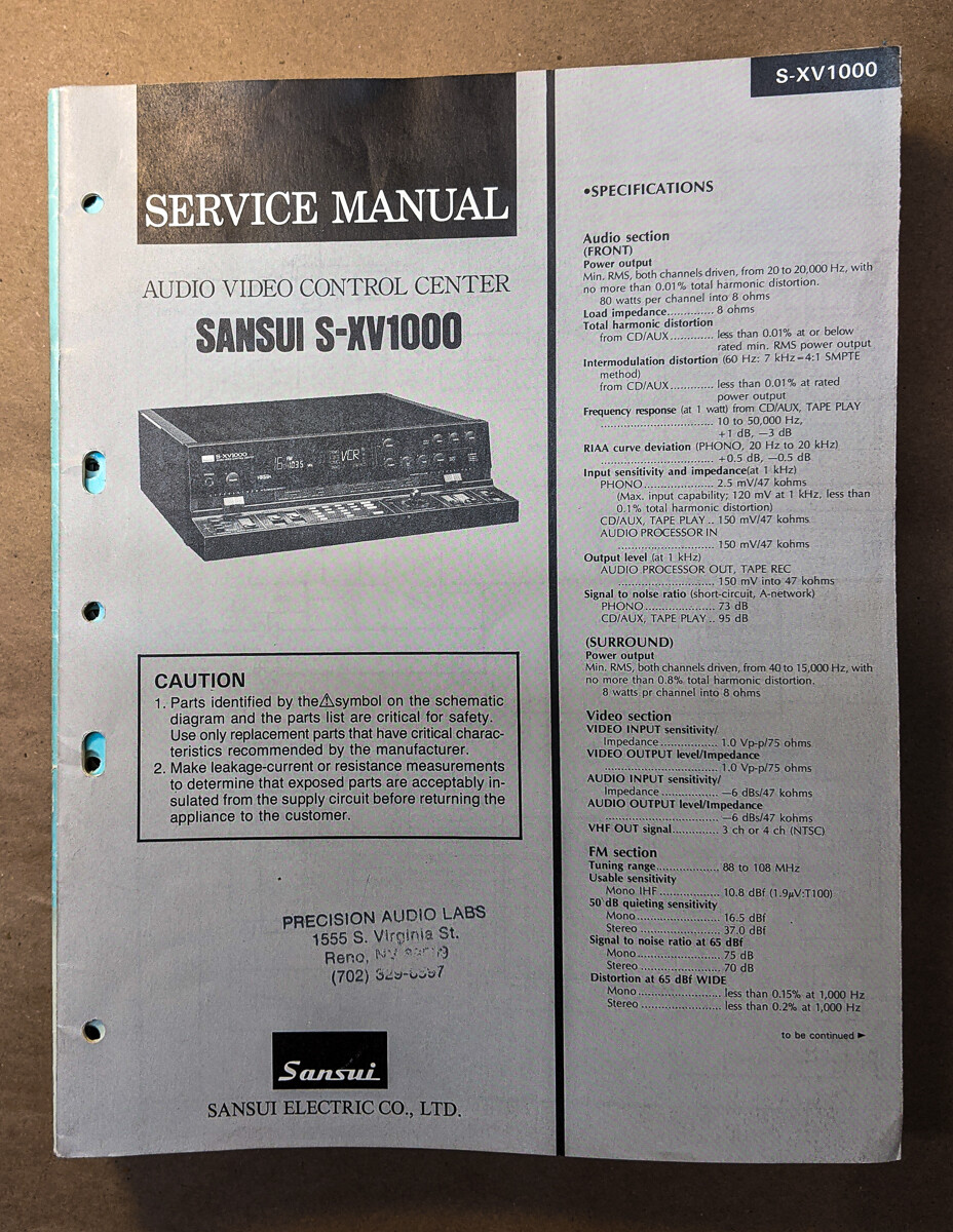 Sansui S--XV1000 Receiver Service Manual *Original*