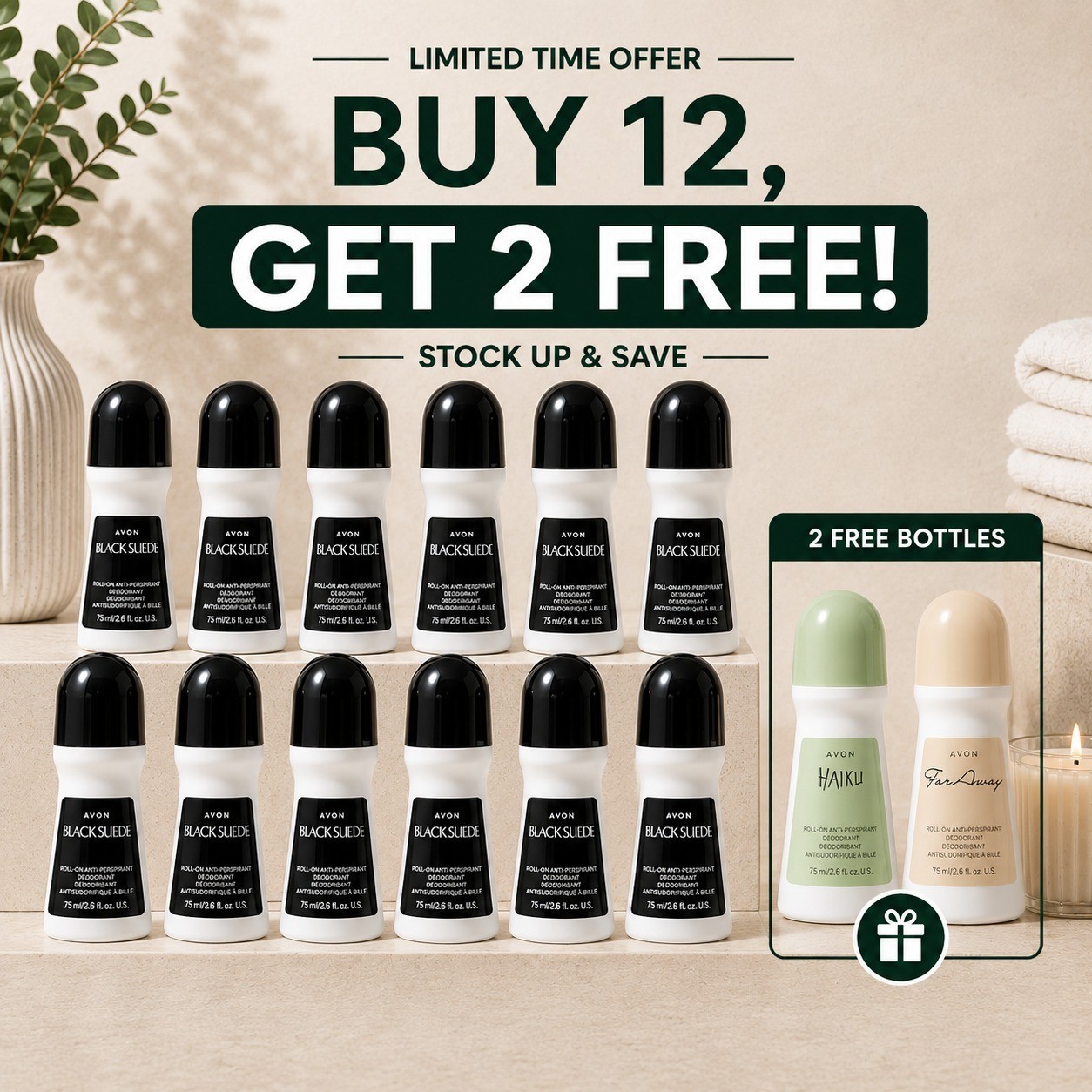 12+2 FREE Avon Black Suede 2.6 oz./75ml - Antiperspirant Deodorant 12+2 FREE Avon Black Suede 2.6 oz./75ml - Antiperspirant Deodorant