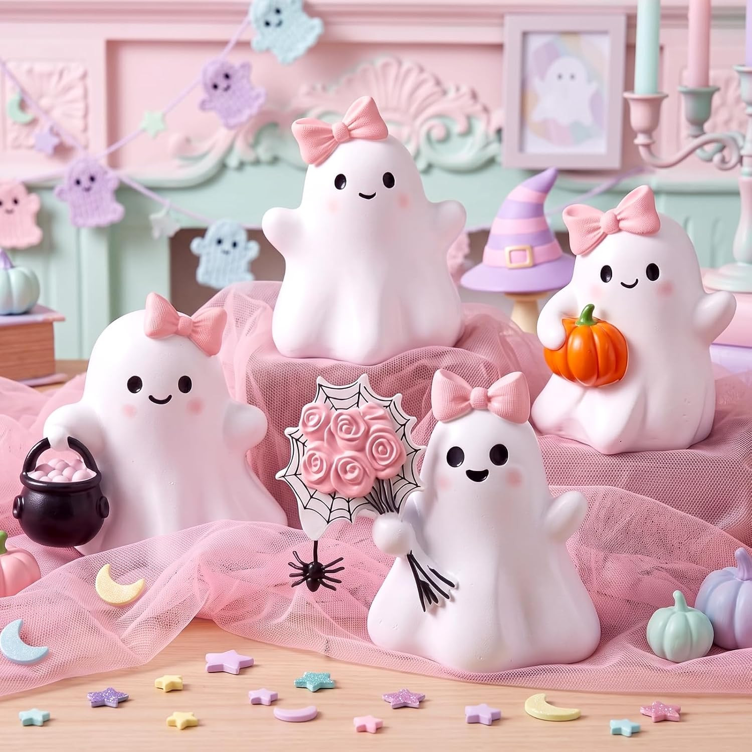 4 Pcs Pink Ghost Halloween Decor, Cute Pastel Ghost Figurines