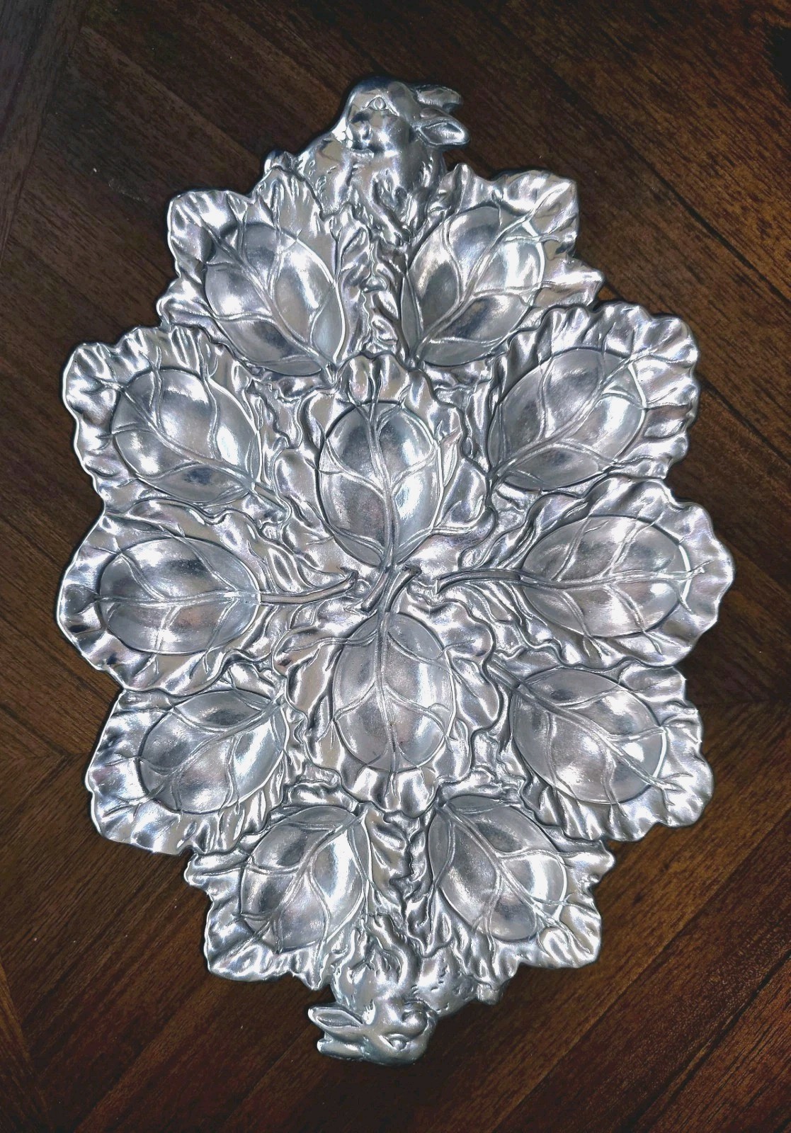 Arthur Court Bunny Rabbit Aluminum Cabbage Leaf Devil Egg Serving Tray Platter Arthur Court Bunny Rabbit Aluminum Cabbage Leaf Devil Egg Serving Tray Platter