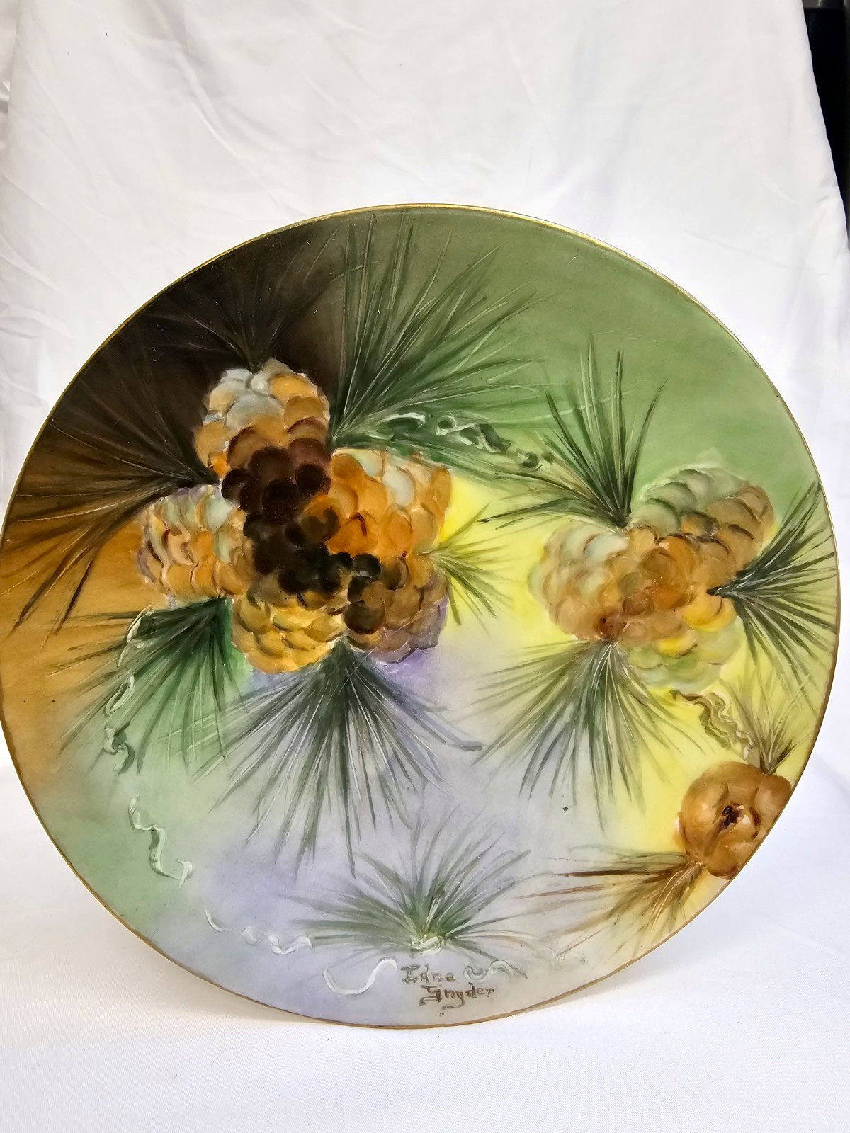 Antique Limoges France Pine Cone Plate Signed Idna Snyder J.P.L. Jean Pouyat