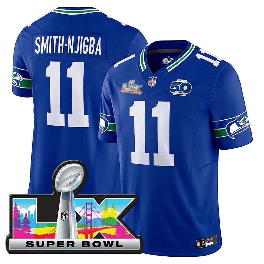 New Seahawks Men\'s #11 Jaxon Smith-Njigba 50th /Super Bowl LX Patch Game Jersey=