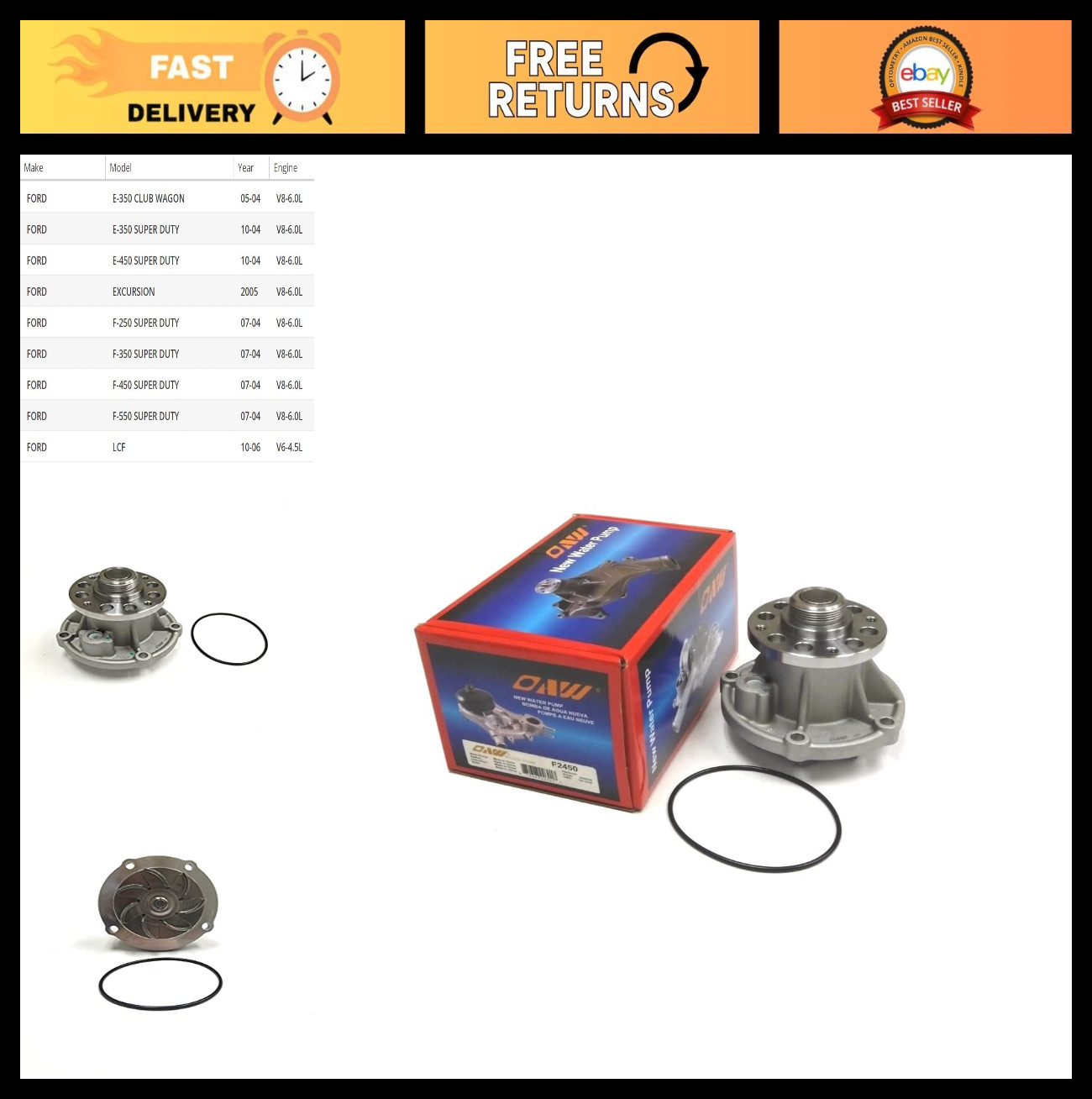 100mm Metal Impeller Engine Water Pump for 6.0L V8 Powerstroke Diesel - Fits 200