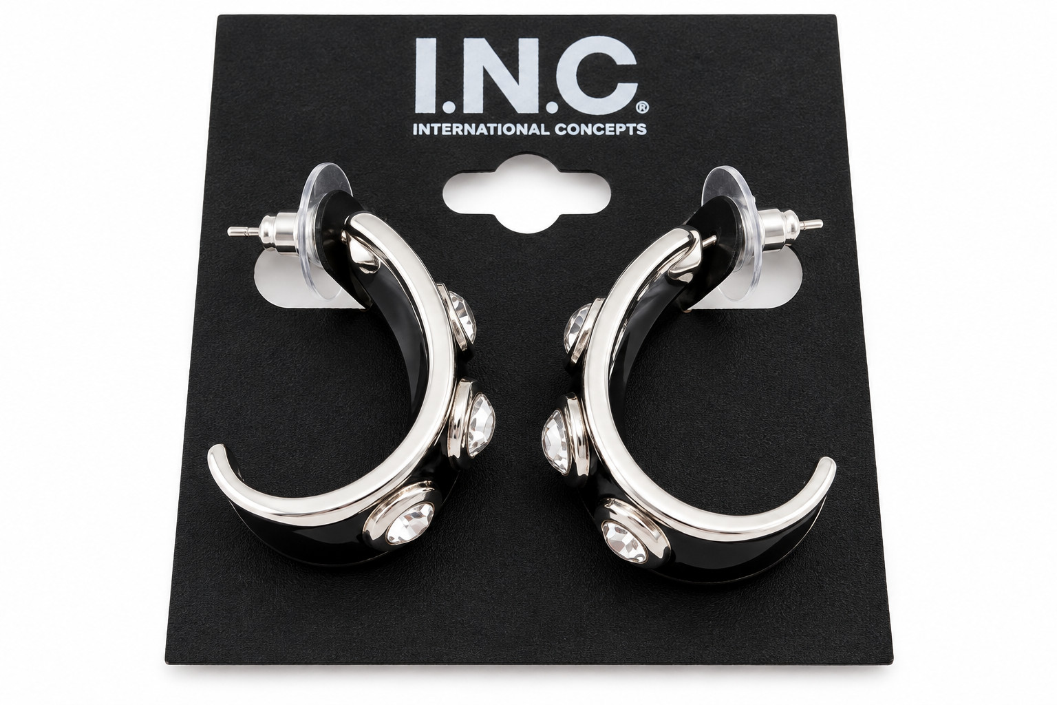 I.N.C. International Concepts Silver Tone Black Crystal Hoop Earrings Women’s