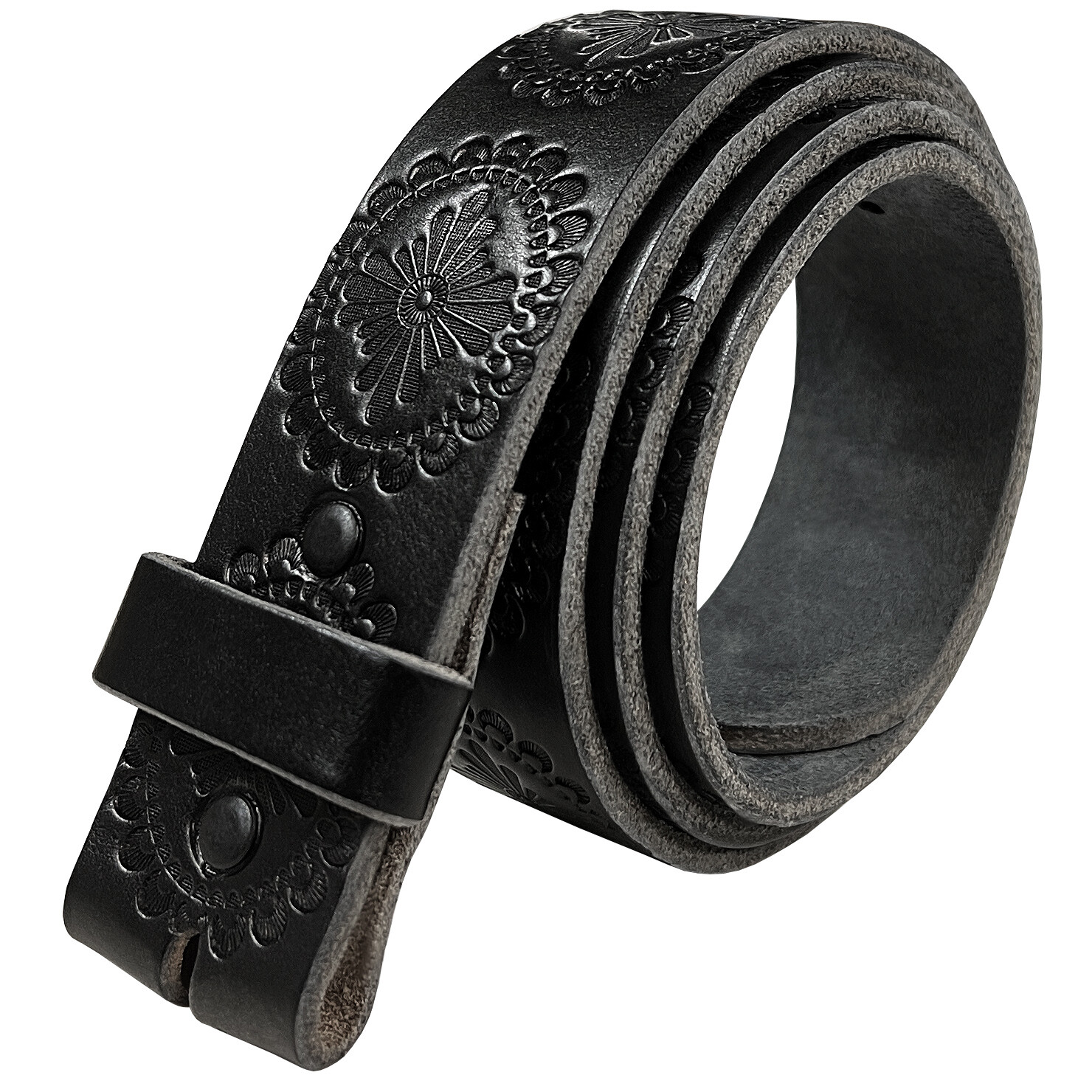  Floral Engraved One Piece Genuine Full Grain Leather Belt Strap 1-1/2\