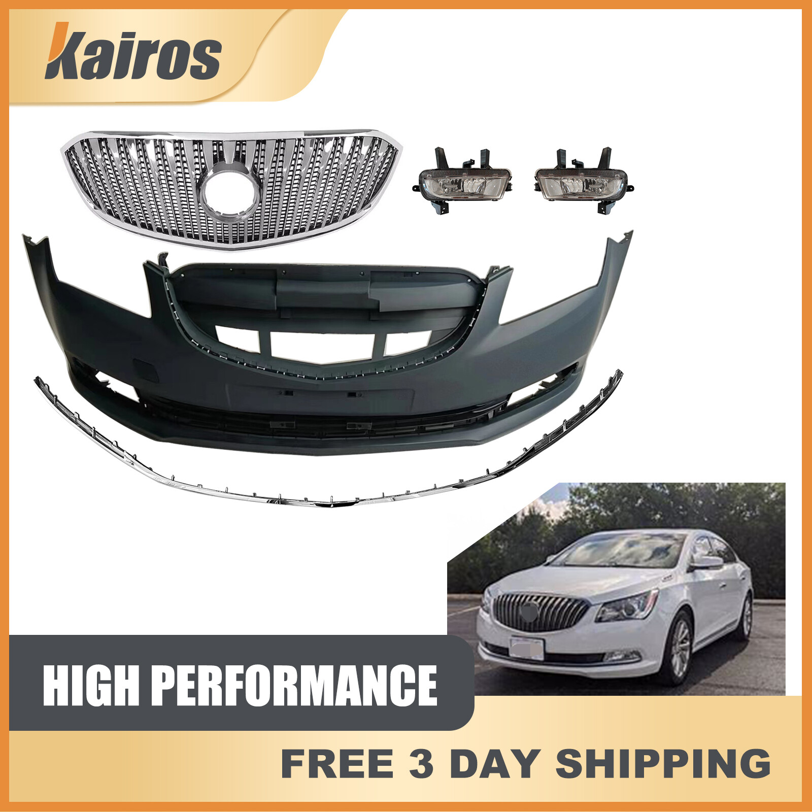 Fits 2014-2016 Buick LaCrosse New Complete Front Bumper Cover Grille Set Black