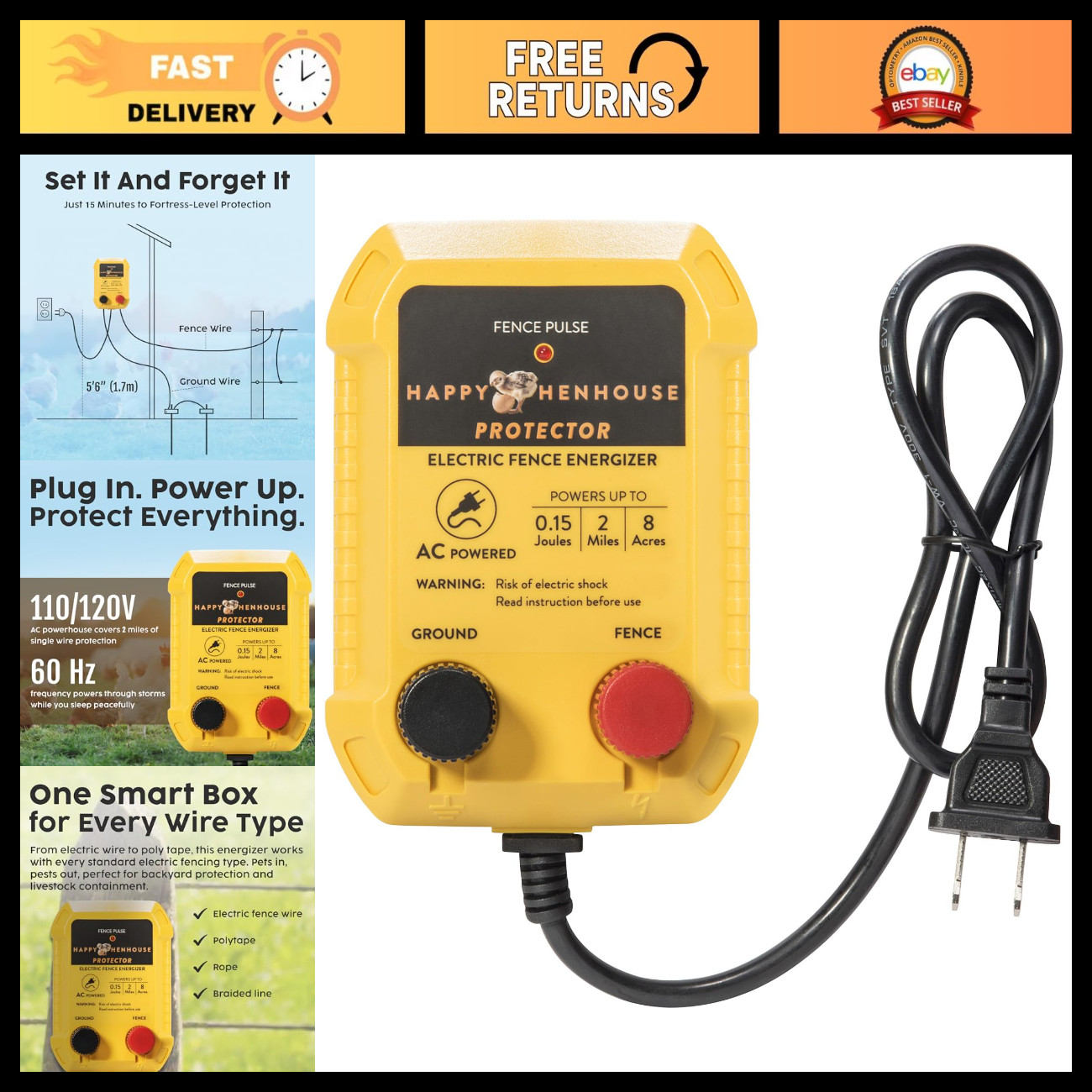 Powerful 110V Electric Fence Charger Energizer for Chickens, Farms & Gardens - E Powerful 110V Electric Fence Charger Energizer for Chickens, Farms & Gardens - E