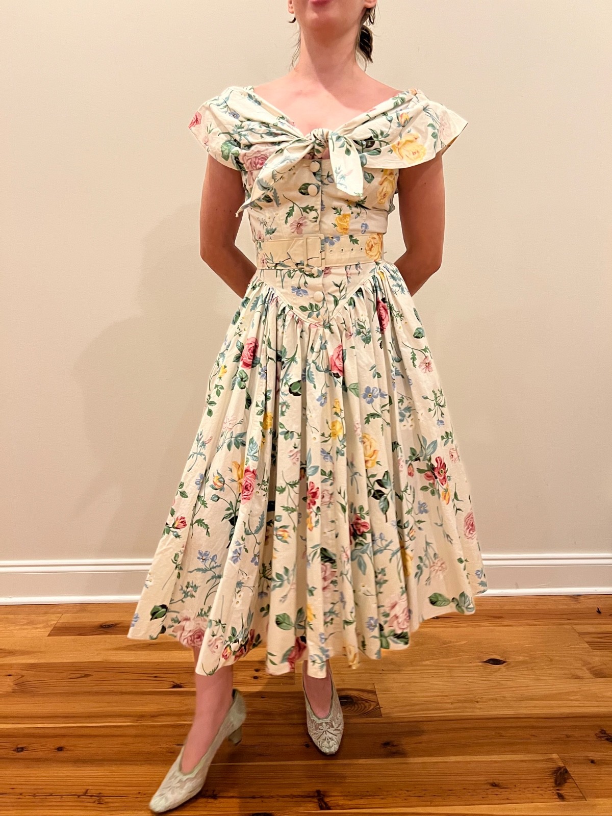 VTG Karen Alexander Dress 4 Floral Full Skirt Pinup Garden Party Tea 80s Corset