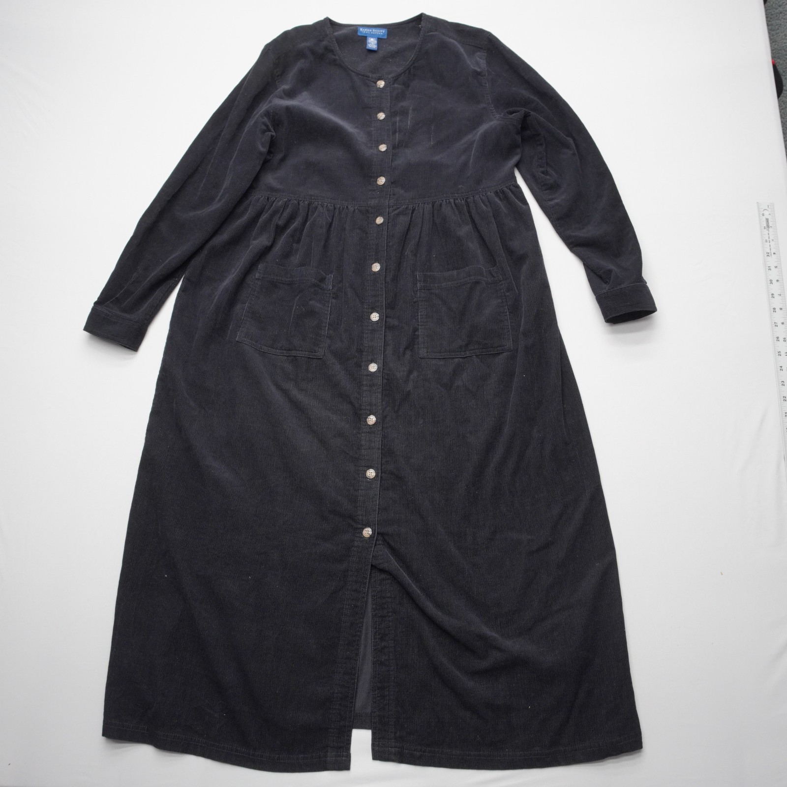 Karen Scott Corduroy Midi Dress 14 Black Long Sleeve Modest Button Front Vtg