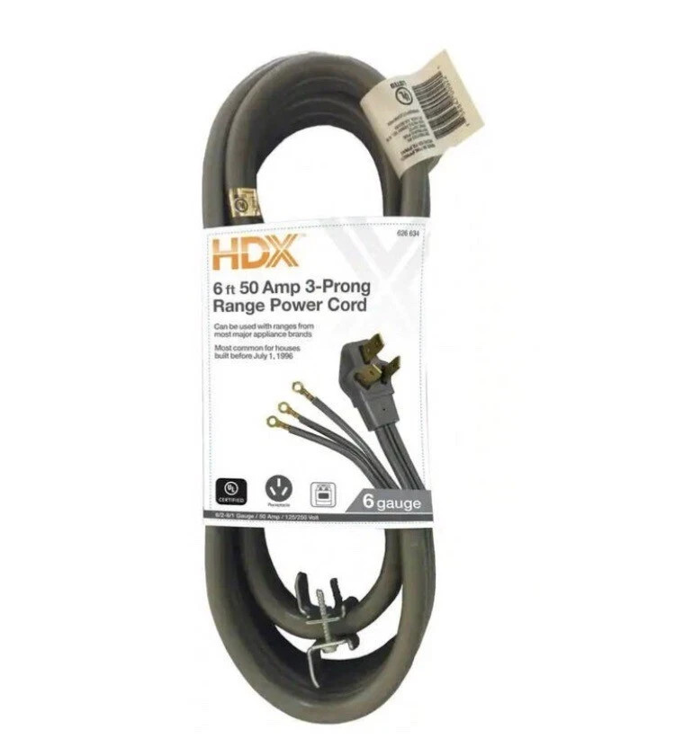 HDX 6 ft. 6/3 50 Amp 3-Prong Range Power Cord, Grey HDX 6 ft. 6/3 50 Amp 3-Prong Range Power Cord, Grey