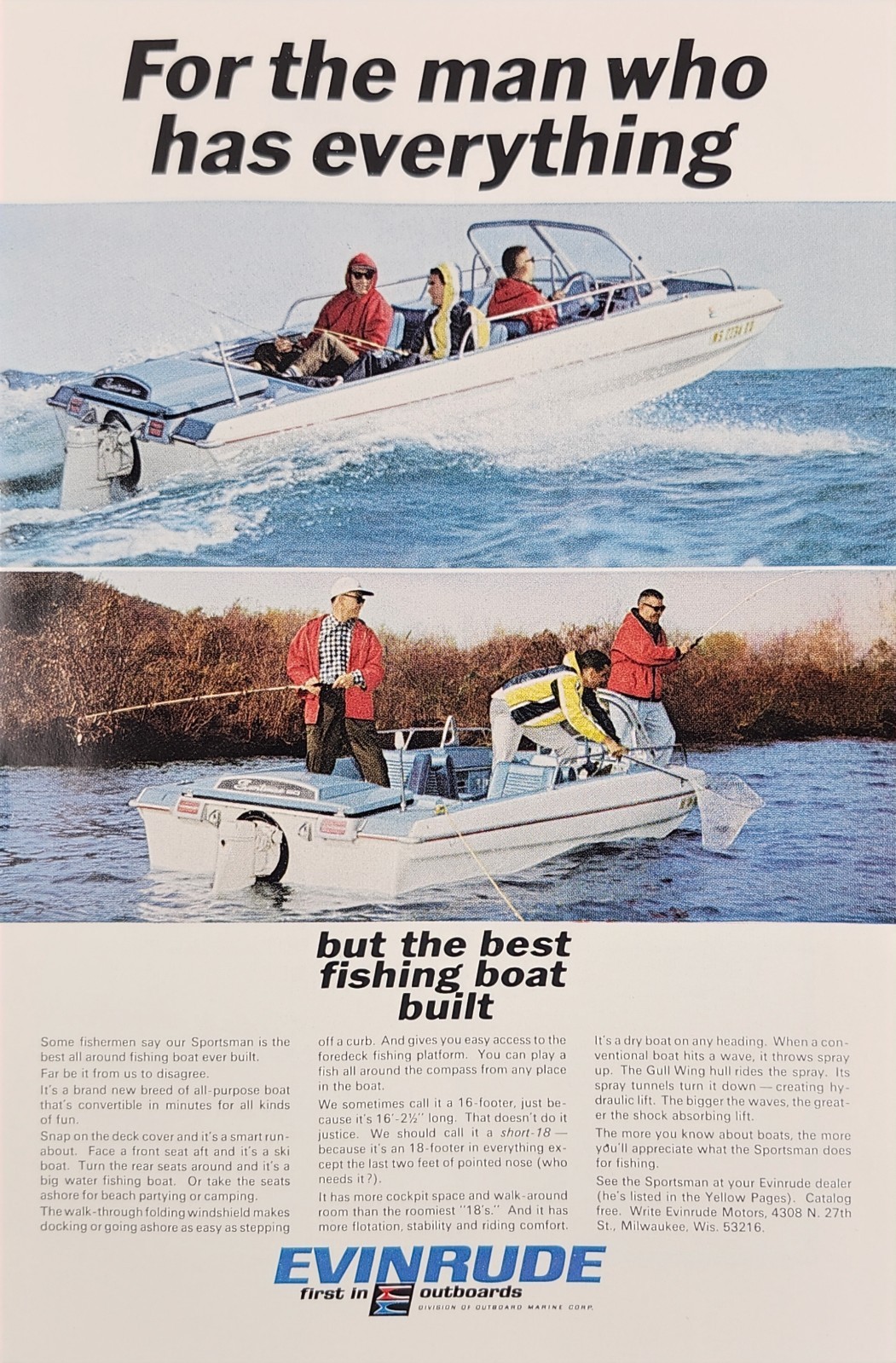 1960s Evinrude Outboard Motor Boating Fishing Original Color Print Ad MCM