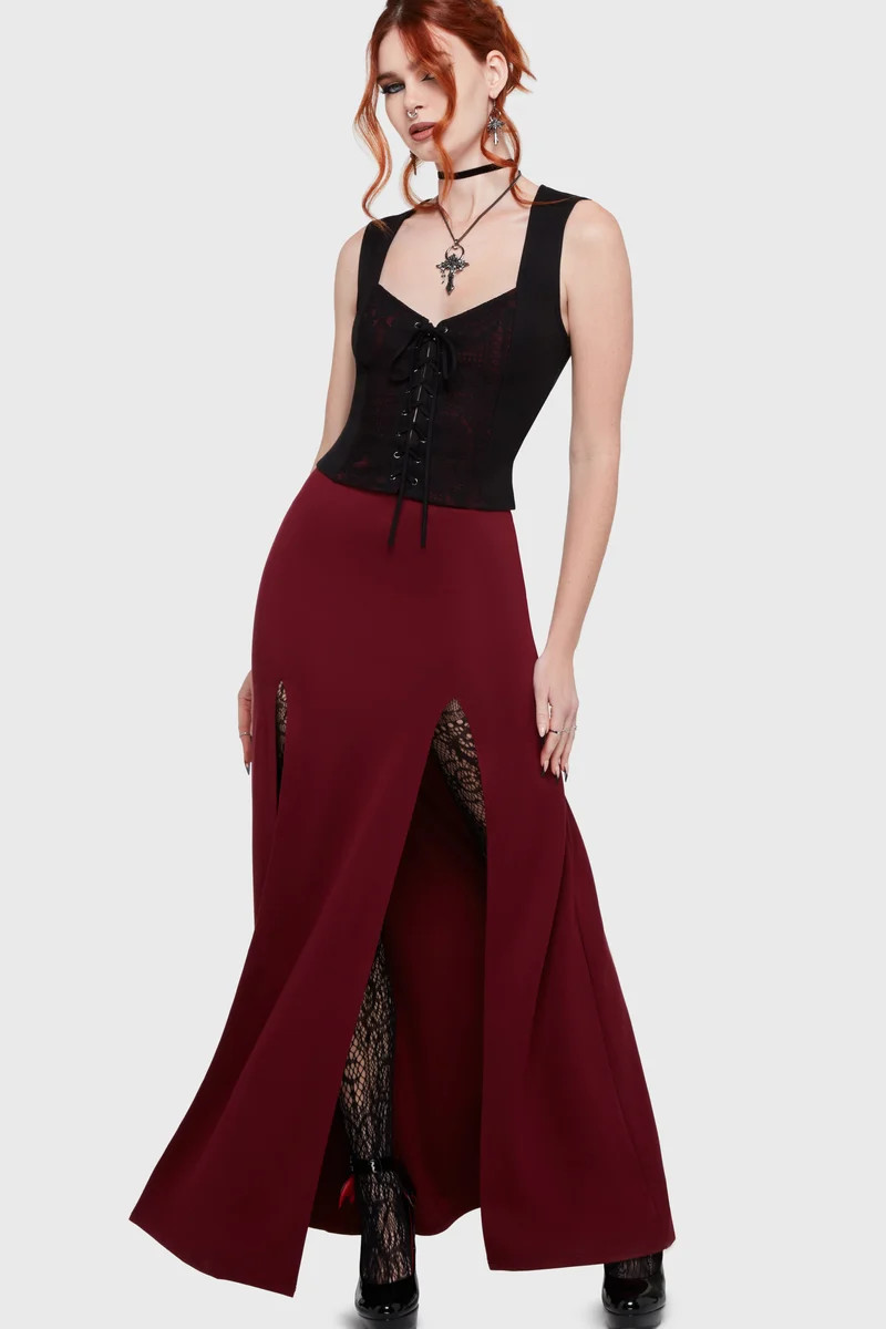 Killstar Women\'s Crimson Bite Maxi Skirt Size Small Maroon Red Slit Front