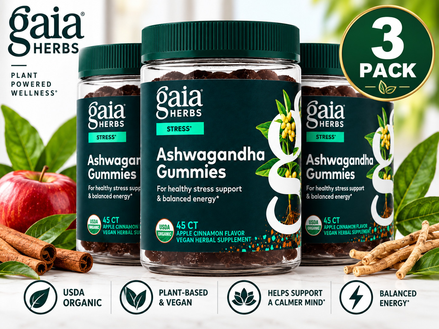 Gaia Herbs Ashwagandha Gummies 45 Ct 3 Pack Apple Cinnamon NEW Sealed Exp 03/28