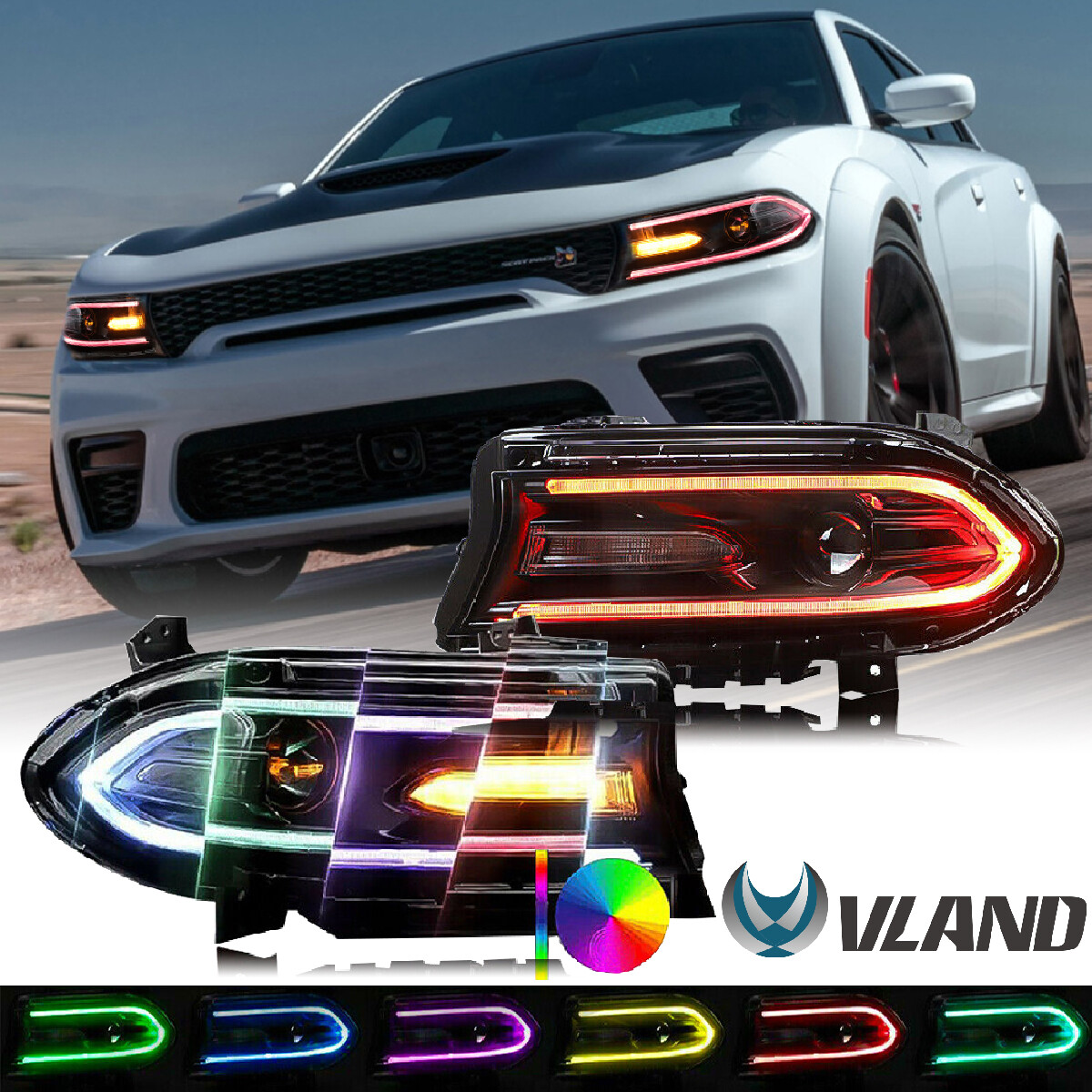 2xVLAND LED DRL RGB Projector Halo Headlights For Dodge Charger SRT GT 2015-2021