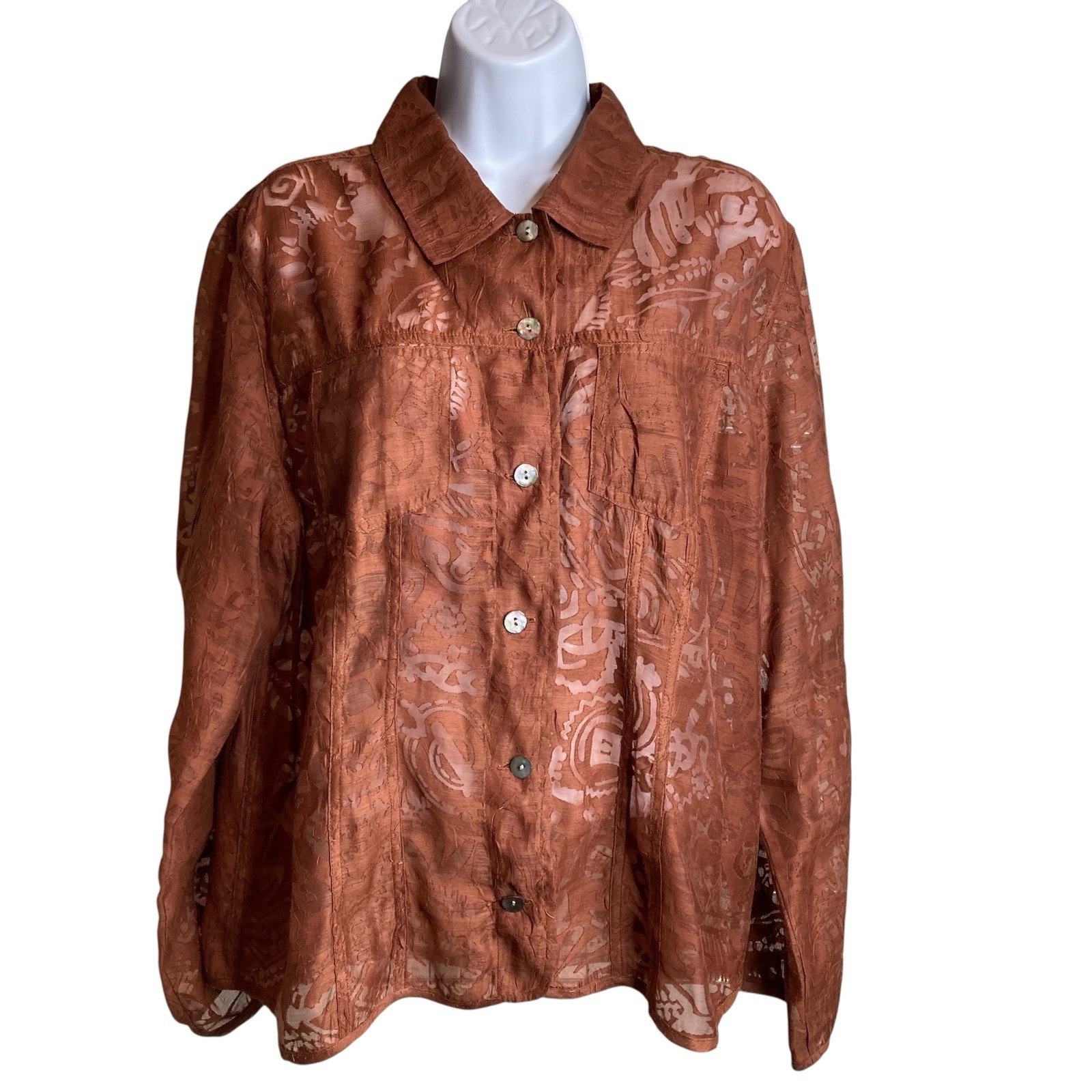 Chico\'s Women\'s Brown Embossed Sheer Shirt Jacket Sz 2/L Asian Vibes Boho Artsy