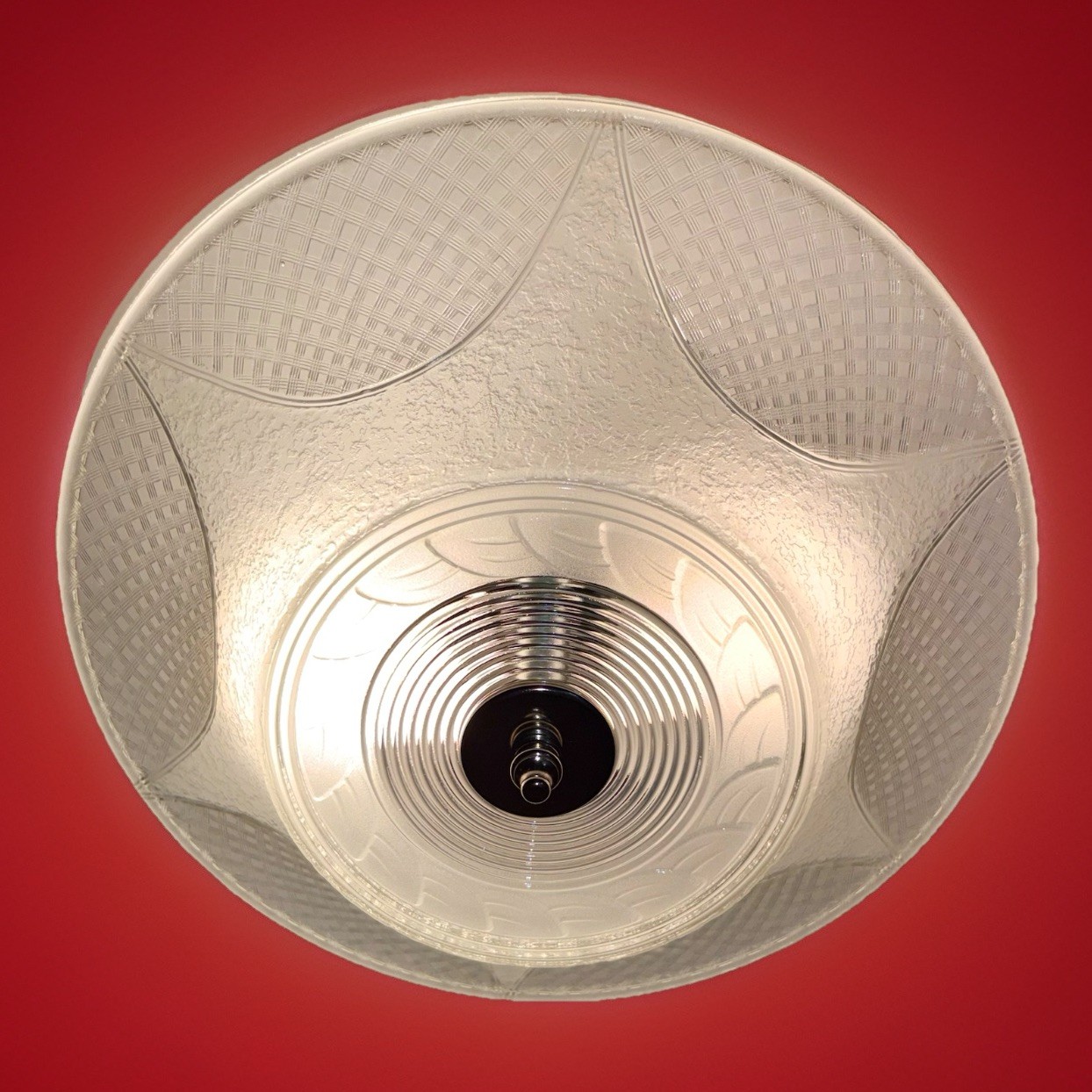 Vintage 1940s-1960s Art Deco Geometric Machine Age Glass Ceiling Light Fixture