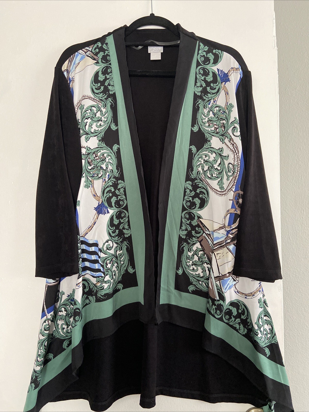 Chico\'s Traveler\'s Green Blue Black Scarf Front Cardigan Open Front Size 2