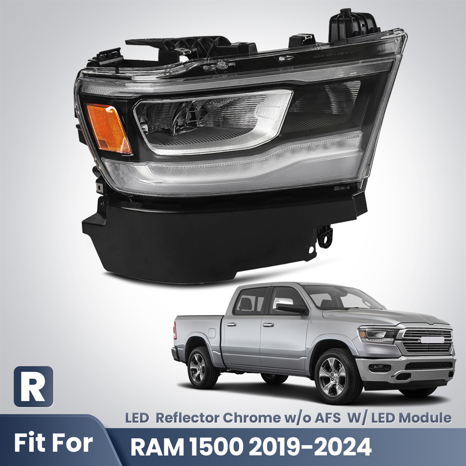 For 2019-2024 RAM 1500 LED Headlight Reflector W/O AFS W/ Module Chrome Right