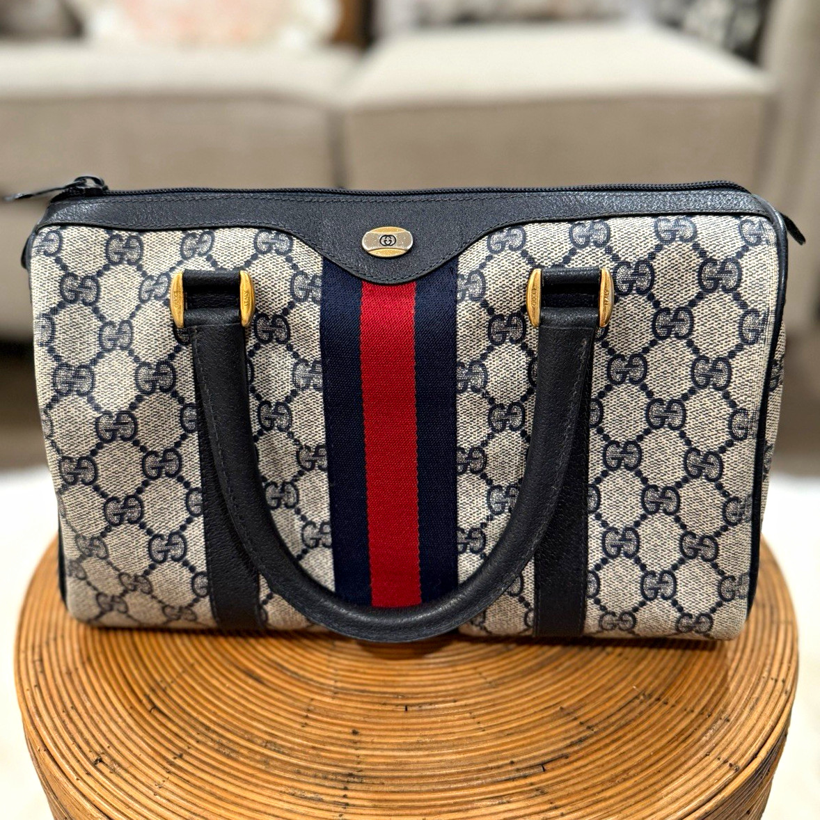 Gucci GG Satchel Top Handle Bag Zip Closure Web Stripe Beige Black Handles Gucci GG Satchel Top Handle Bag Zip Closure Web Stripe Beige Black Handles
