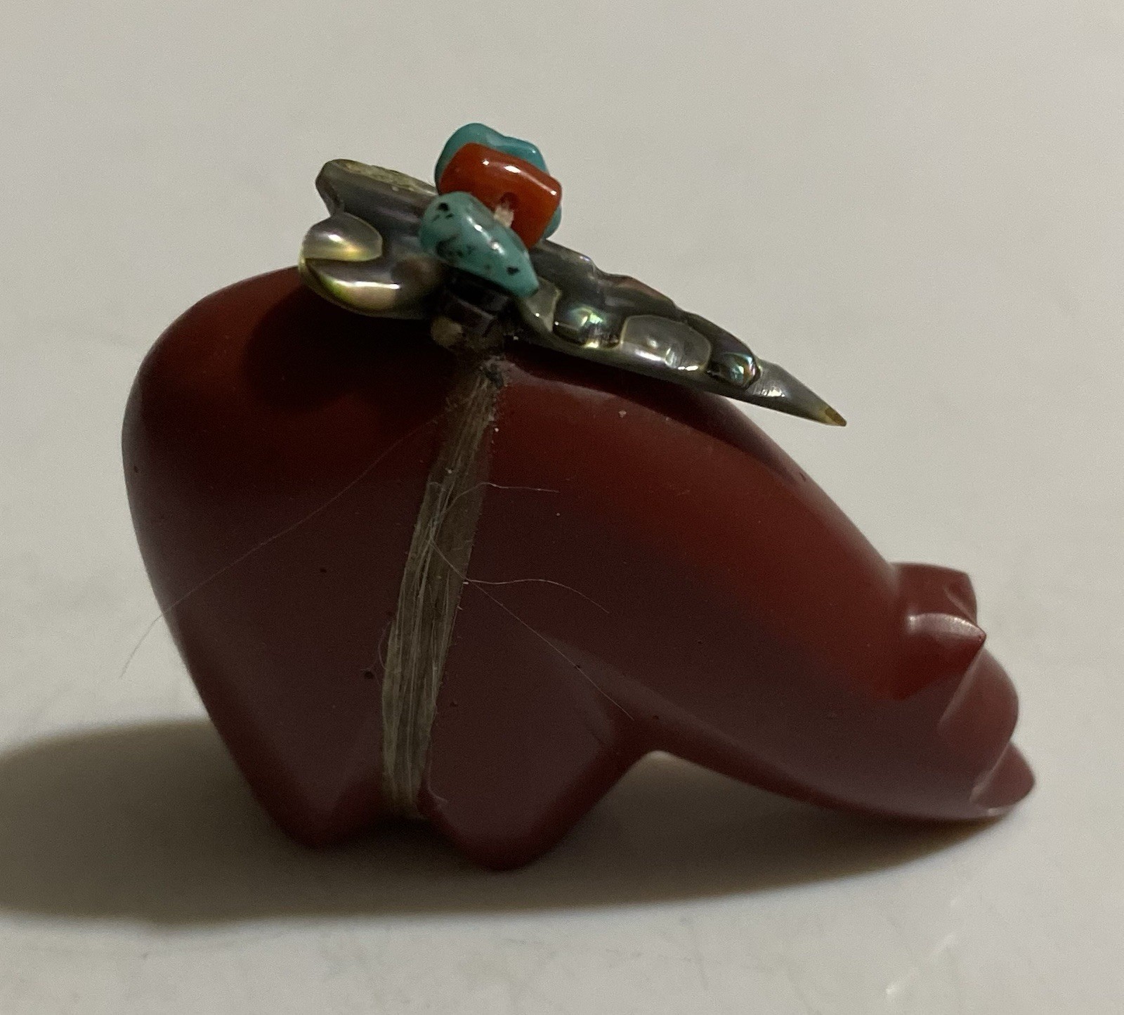 Vtg Zuni Red Jasper Bear Fetish Abalone, Turquoise, Coral Accents Vtg Zuni Red Jasper Bear Fetish Abalone, Turquoise, Coral Accents