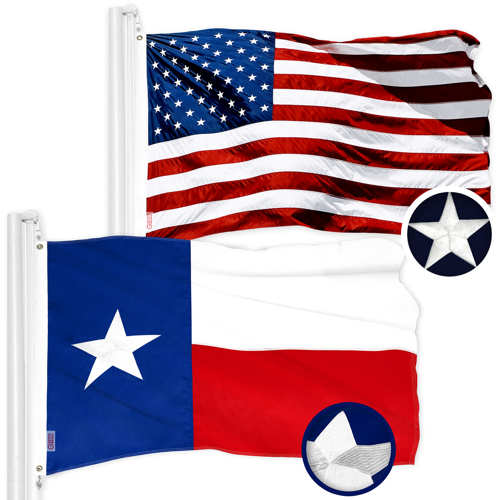 G128 Combo Pack: American & Texas TX State Flag 1x1.5 Ft Embroidered 300D Poly