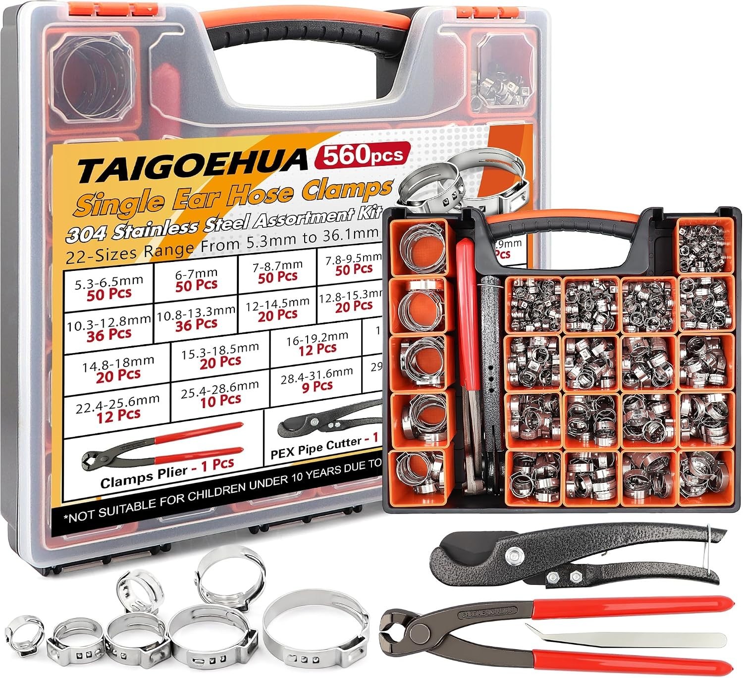 560Pc Single Ear Hose Clamp Kit Stainless Steel Plier&Cutter 22 Sizes 5.3-36.1mm