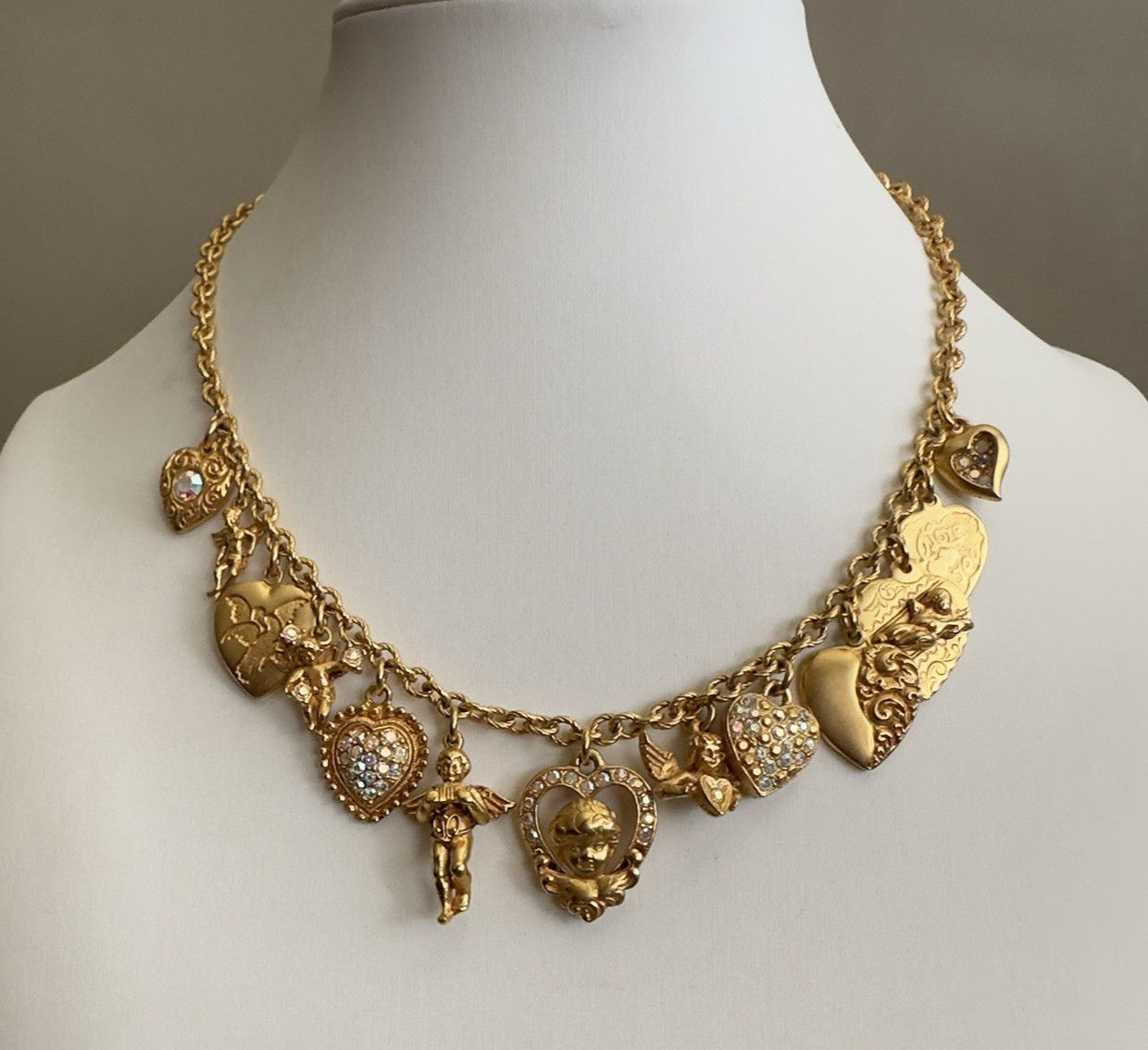VTG Kirks Folly Multi Charm Necklace Signed Gold Tone Angel Cherub Heart Y2K VTG Kirks Folly Multi Charm Necklace Signed Gold Tone Angel Cherub Heart Y2K