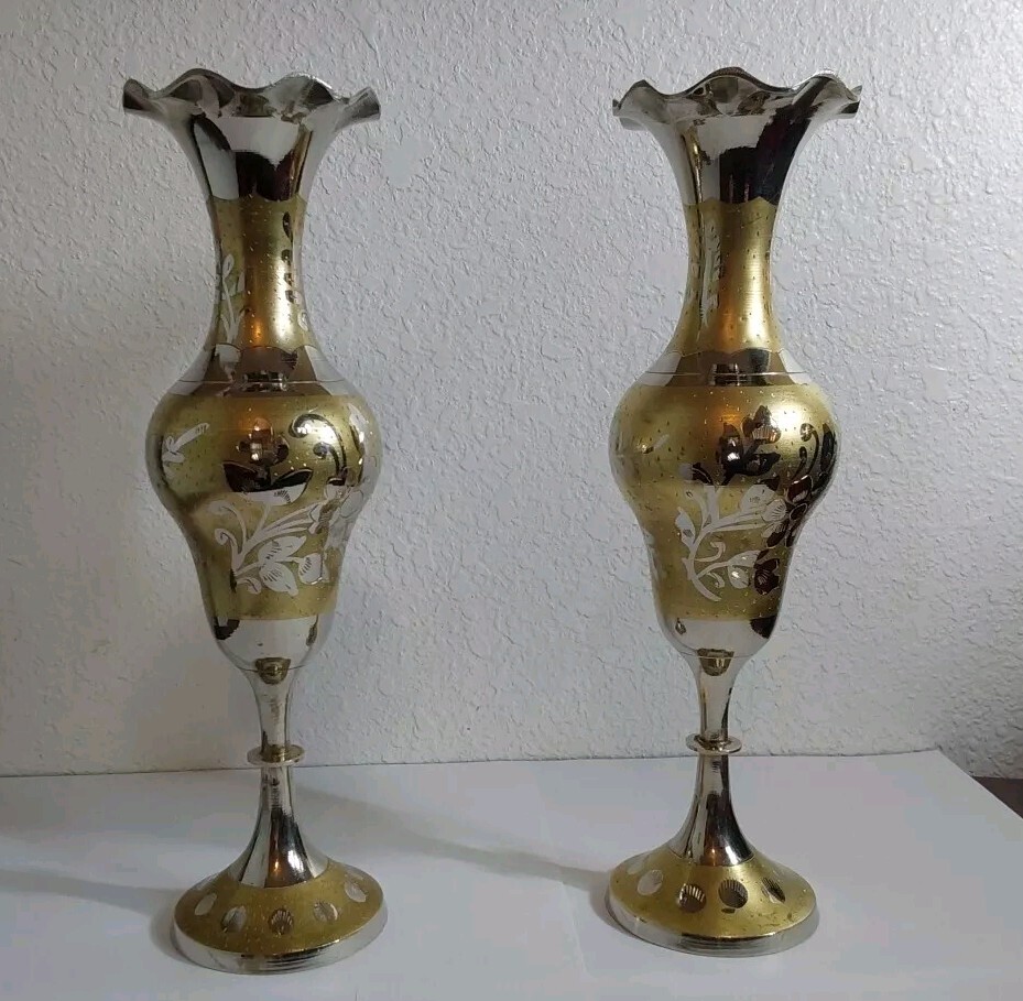 Vtg Middle Eastern Silver over Brass Vase Etched Engraved Set-Nice Shape 11.5 \