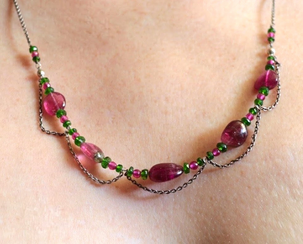 Pink Tourmaline Chrome Diopside Necklace 925 Sterling Silver Artisan Handmade
