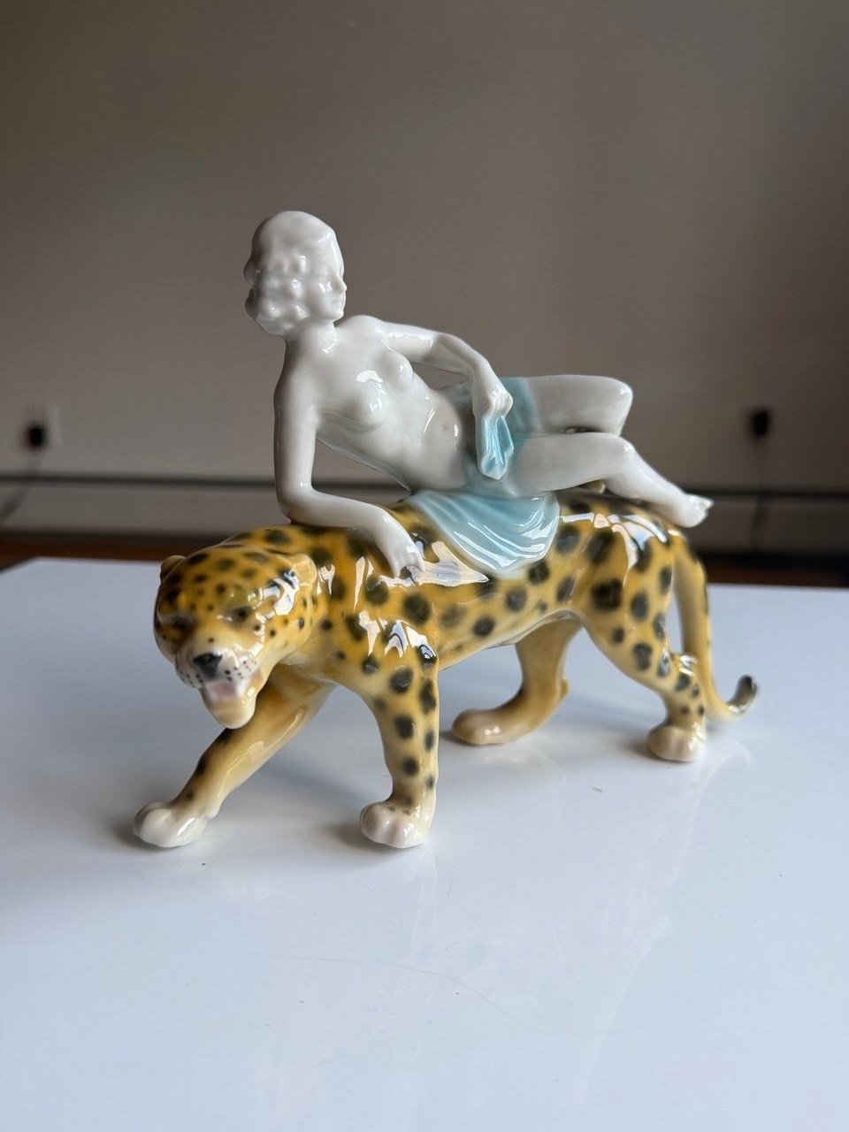 Vintage Porcelain Figurine Boy Riding Leopard Cheetah Hand Painted Collectible 