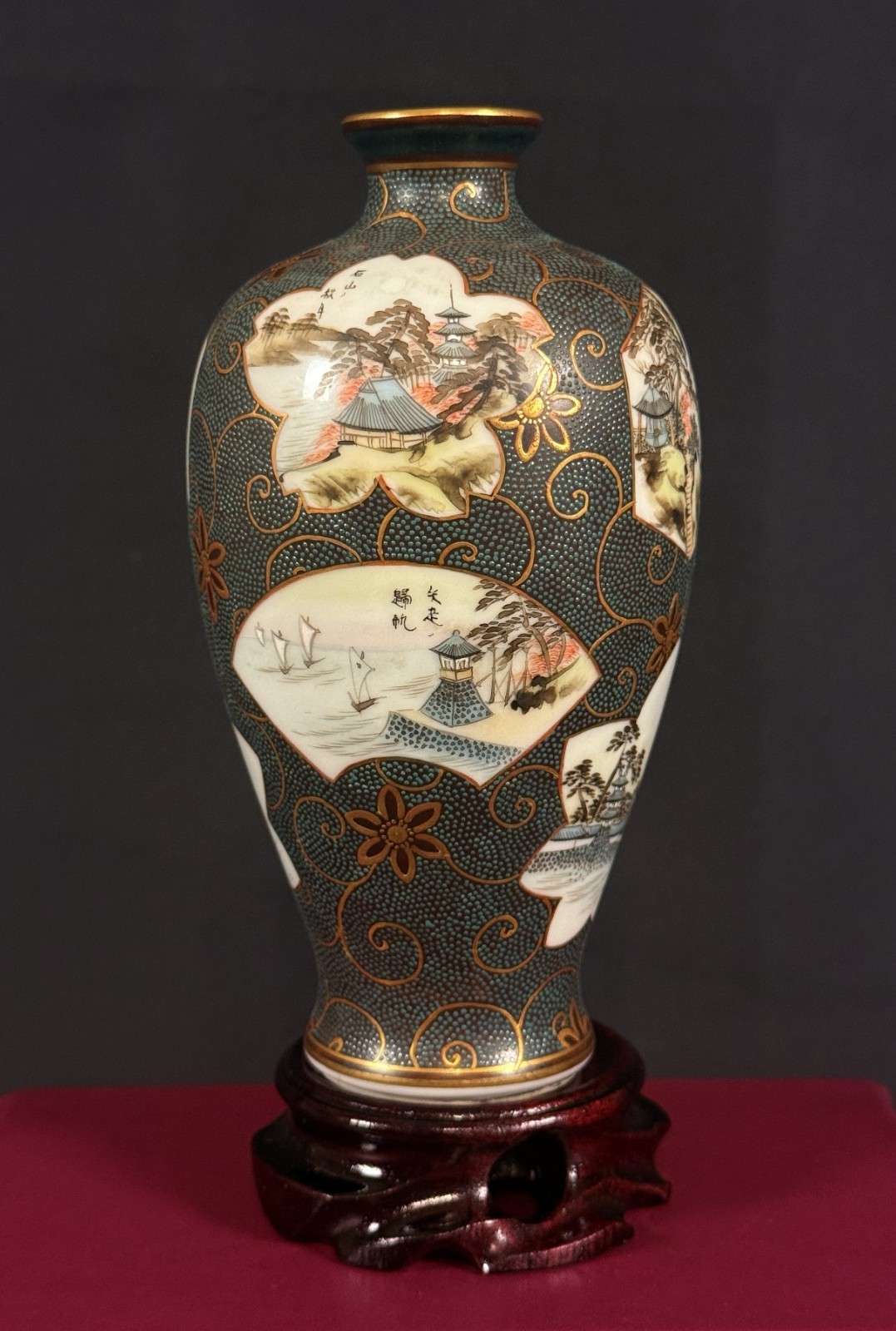 Antique Japanese Kutani Aochibu Vase Taniguchi Kinyodo Eight Views of Omi 6in