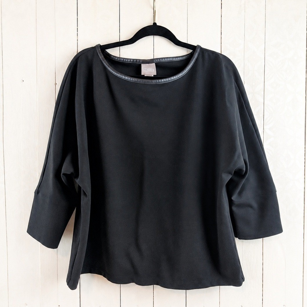 Chico\'s Boat Neck Top Women Size 2 (Large) Black Faux Leather Trim Dolman Sleeve