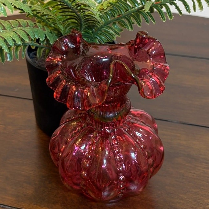 Vintage Fenton Cranberry Clear Glass Vase Melon Ribbed Double Ruffled