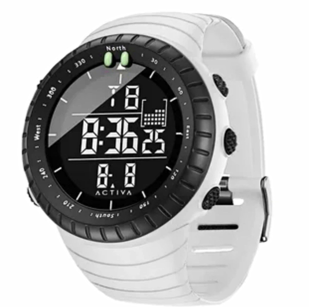 Activa Digital Quartz Sport Watch 100m Compass Bezel White Silicone Band Box