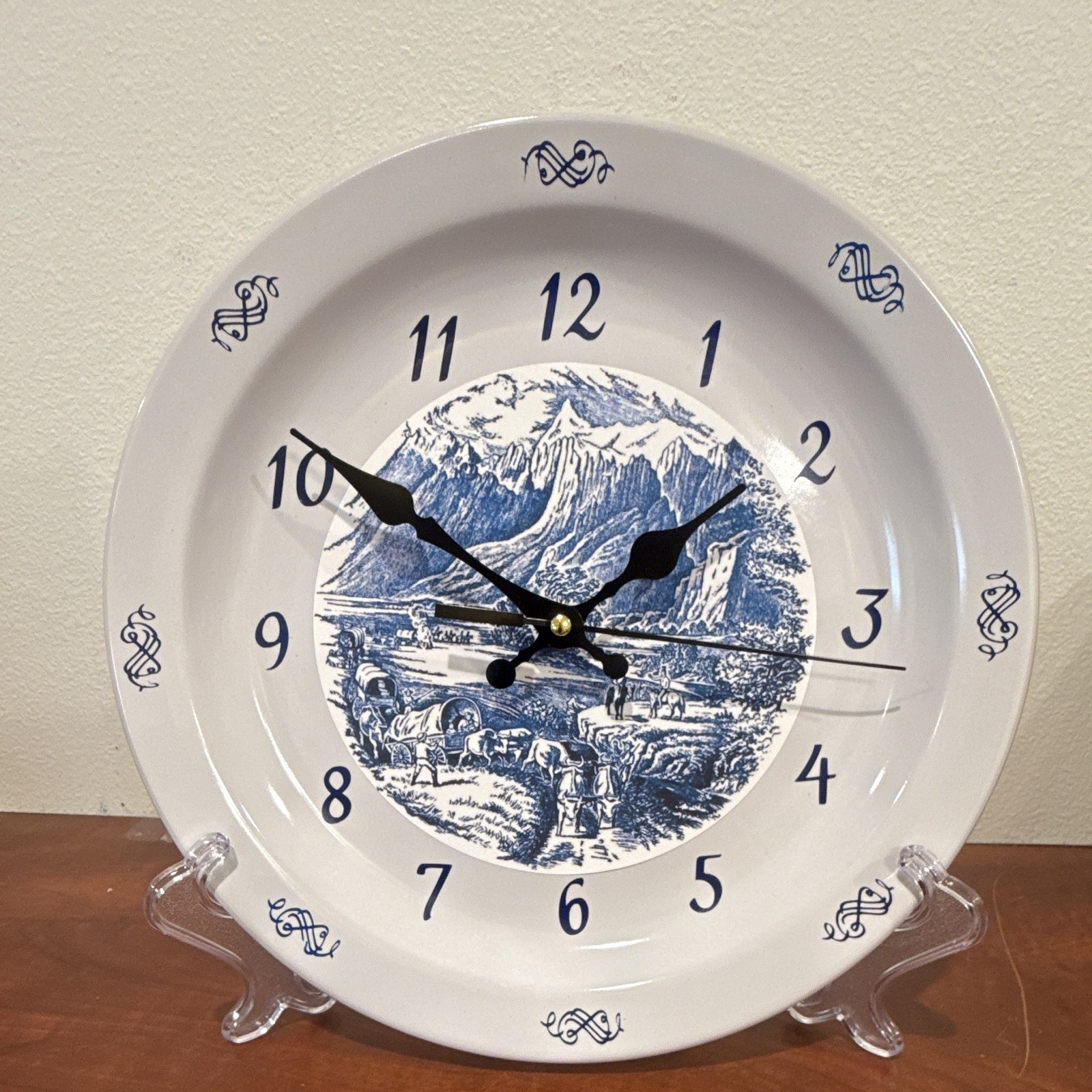 Currier & Ives Blue Rocky Mountains Scene Handcrafted 10.5” Stoneware Clock Currier & Ives Blue Rocky Mountains Scene Handcrafted 10.5” Stoneware Clock
