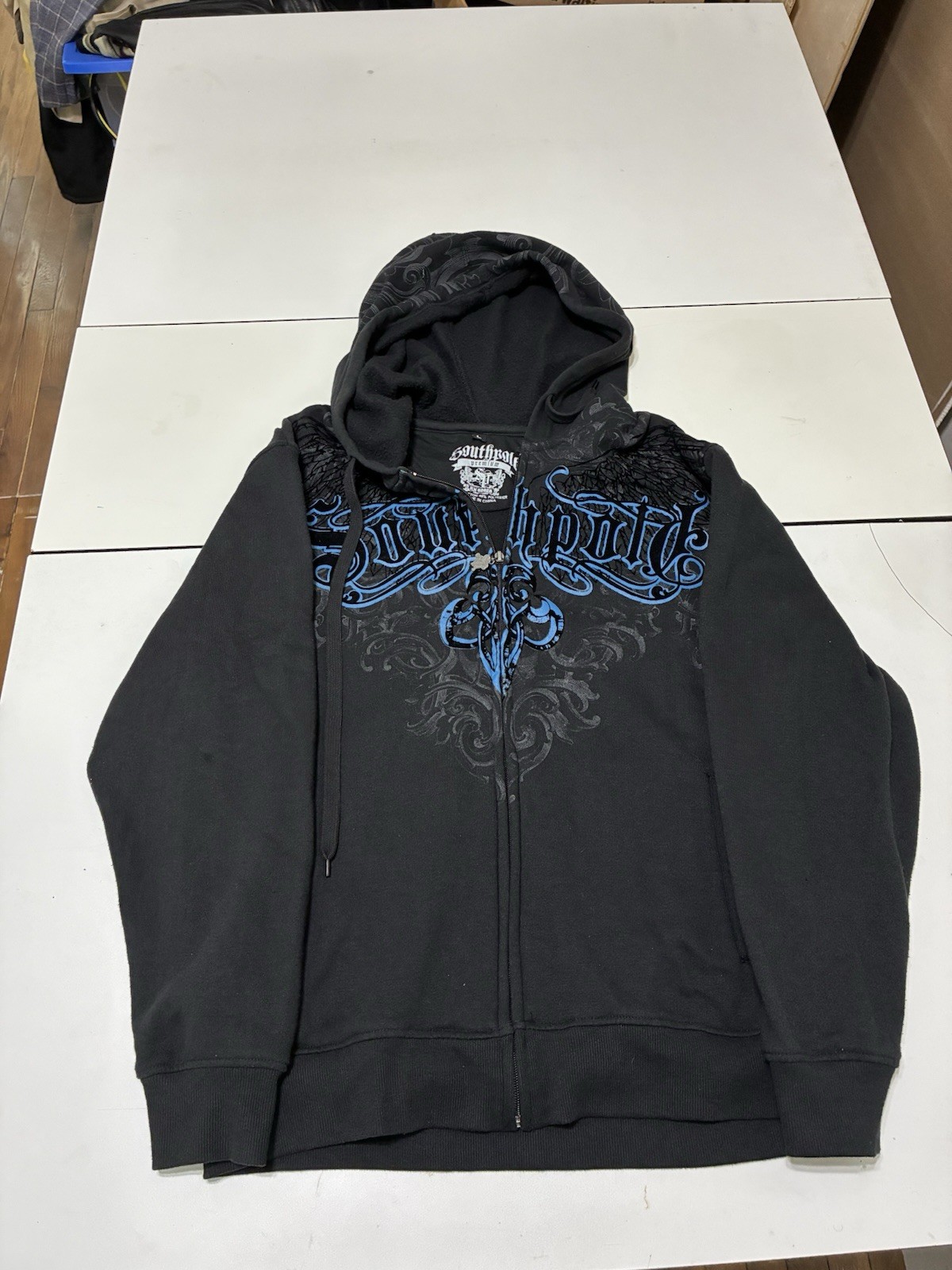 Vintage Southpole Premium Hoodie Large Black Gothic Full Zip Jacket Y2K Grunge