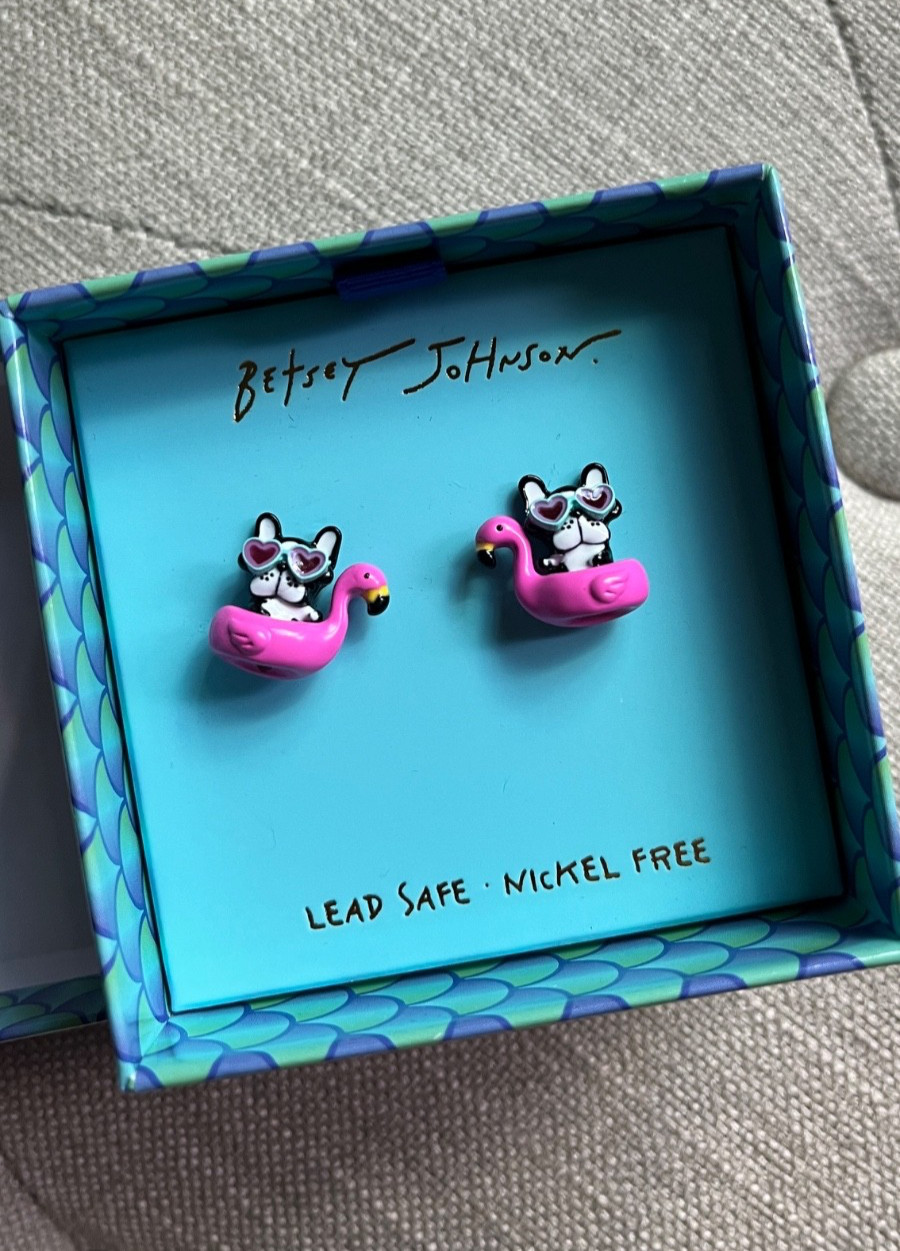 SUPER CUTE Betsey Johnson Frenchie Boston Puppy Pink Flamingo Stud Earrings NEW SUPER CUTE Betsey Johnson Frenchie Boston Puppy Pink Flamingo Stud Earrings NEW