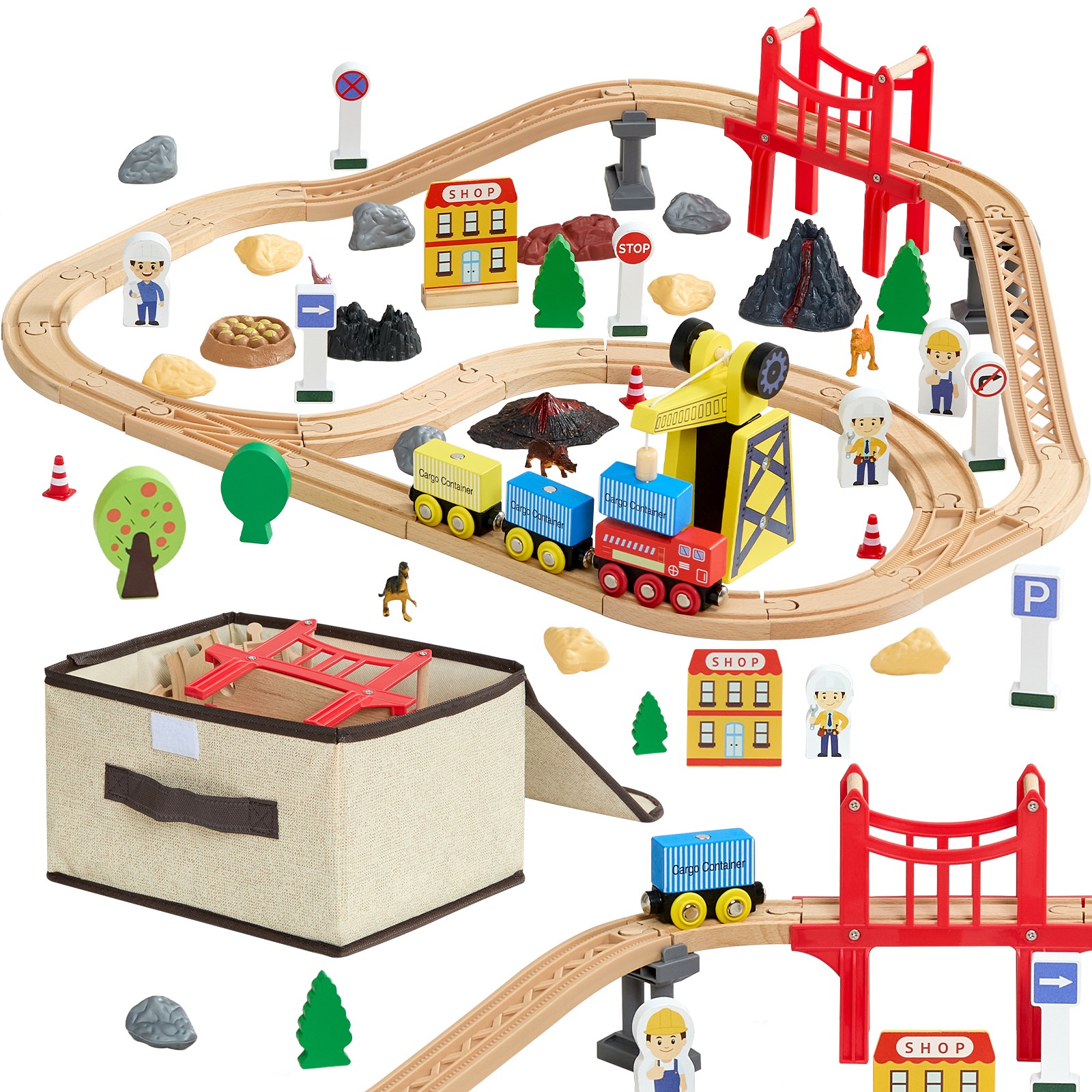 Uimoso 70PCS Wooden Train Set for Kids Ages 3-8with Tracks and Construction