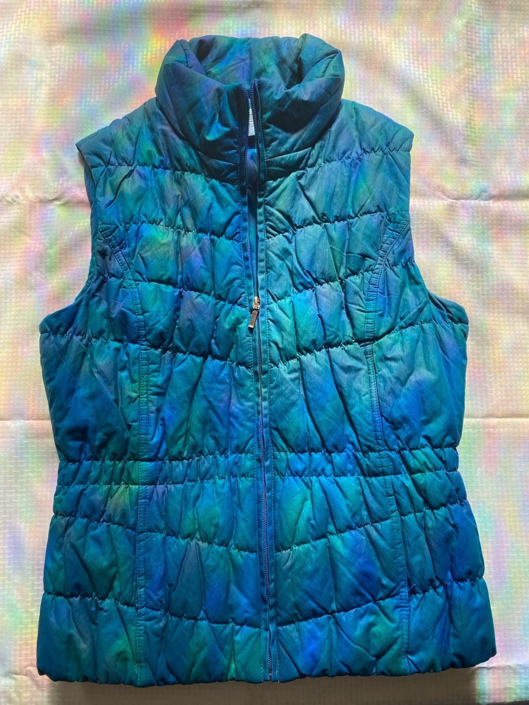 Coldwater Creek Quilted Puffer Vest Size S 8 Blue Green Iridescent Full Zip