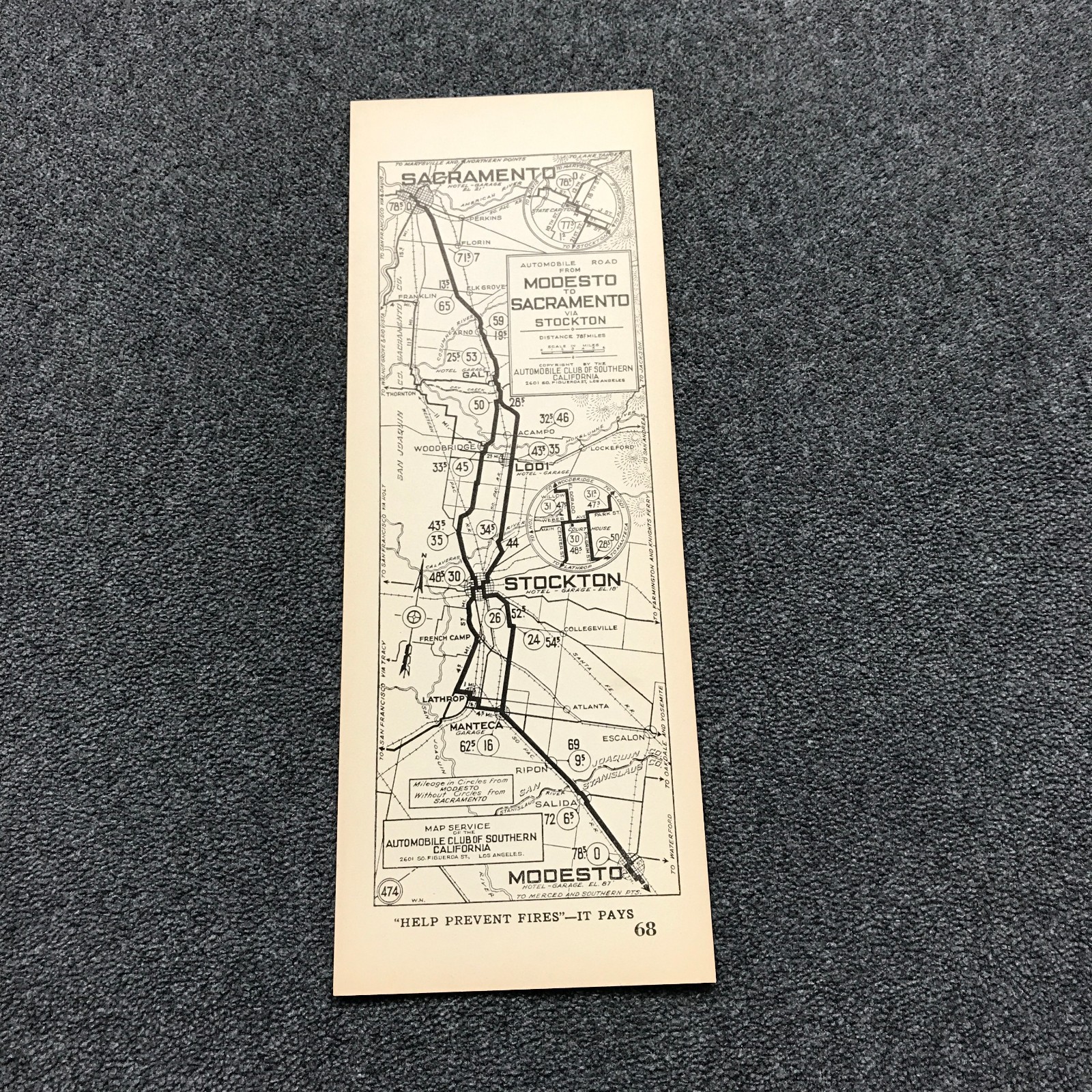 1920s Modesto To Sacramento Automobile Club of Southern Calif AAA Map #68 Rare