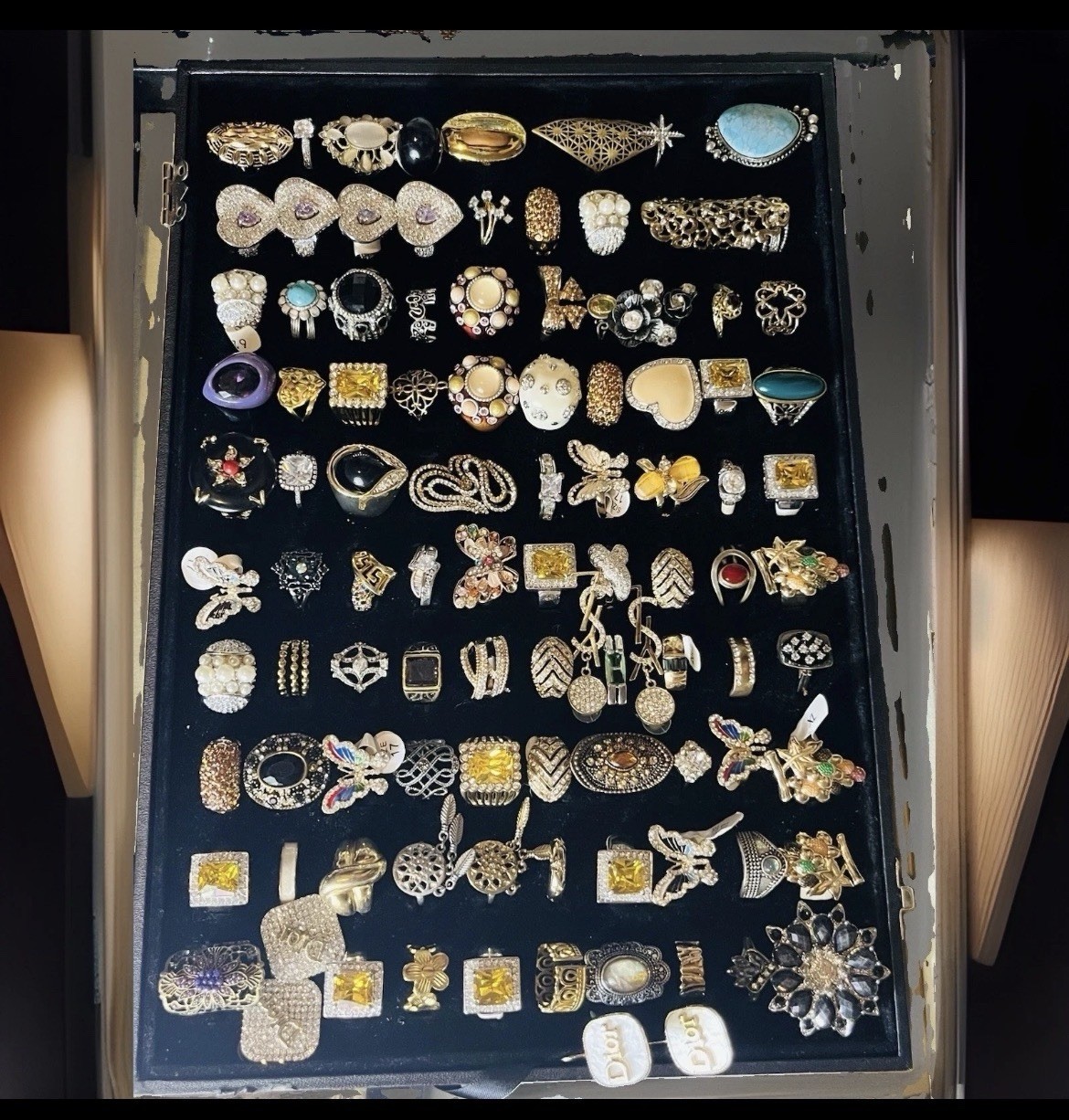 100 Vintage & New Costume Jewelry Ring Lot Many Signed + 3 Free Earrings