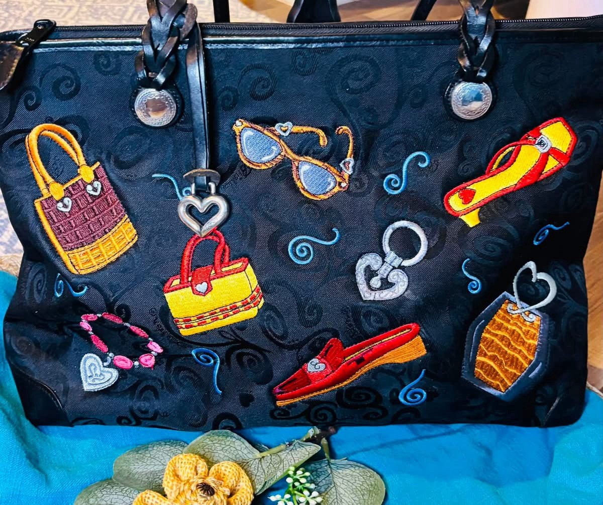 Brighton Black Large Tote Zip Top Embroidered Heart Charm Inner Pockets Silver