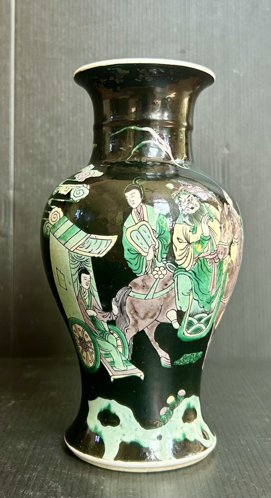 Antique/ VTG Chinese Ink Ground Famille Verte Vase Decorated With Figures Antique/ VTG Chinese Ink Ground Famille Verte Vase Decorated With Figures