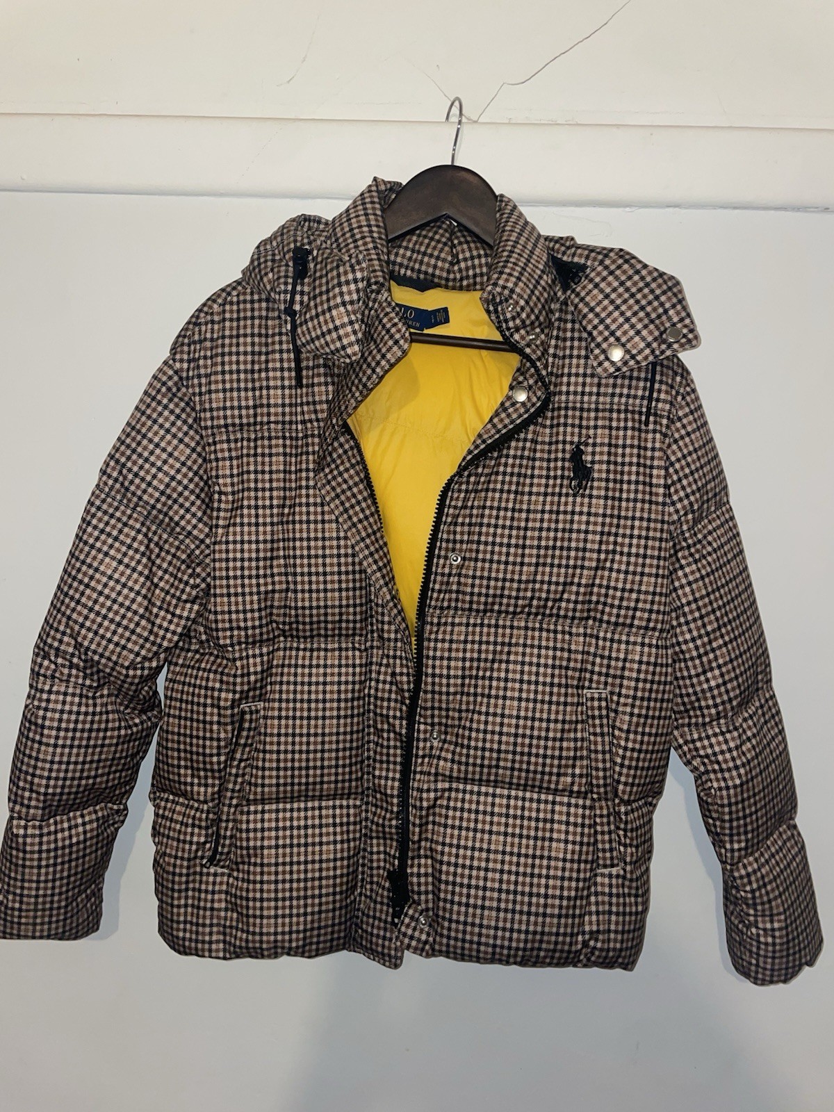 Women’s (Size Small) Polo Ralph Lauren Plaid Down Puffer Jacket Yellow Lining