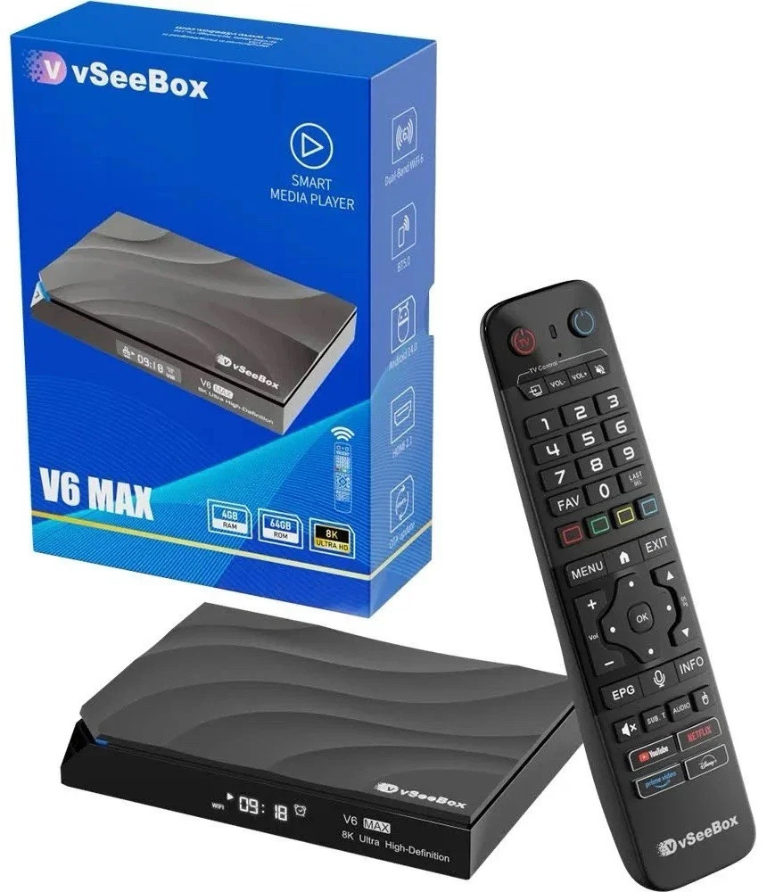 vSeeBox V6 MAX 64GB 8K 4320p Android Wi-Fi/BT HDMI HDR10 Dolby Atmos Remote vSeeBox V6 MAX 64GB 8K 4320p Android Wi-Fi/BT HDMI HDR10 Dolby Atmos Remote