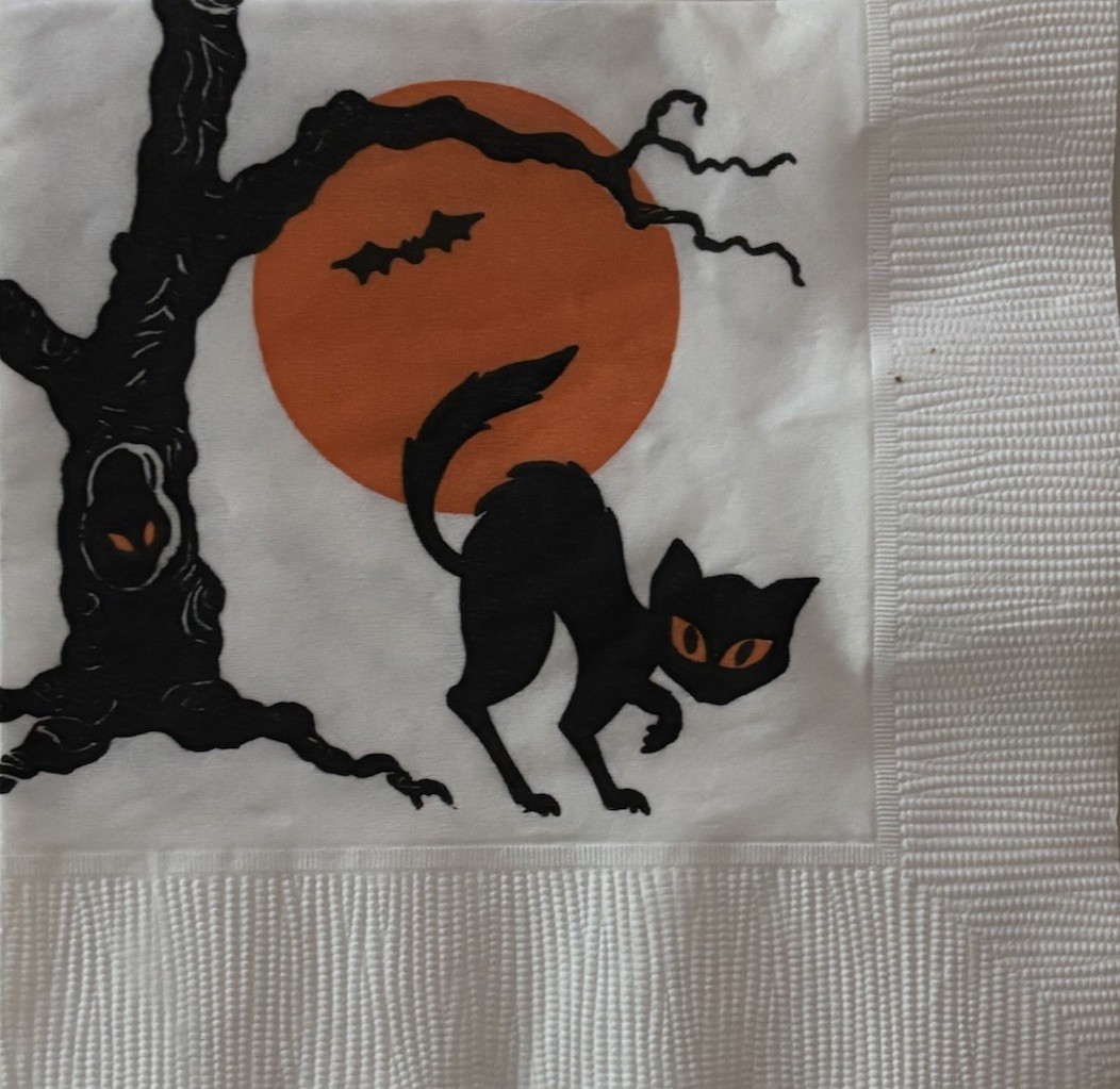 Two Individual Vintage paper beverage napkins decoupage Halloween Black Cat
