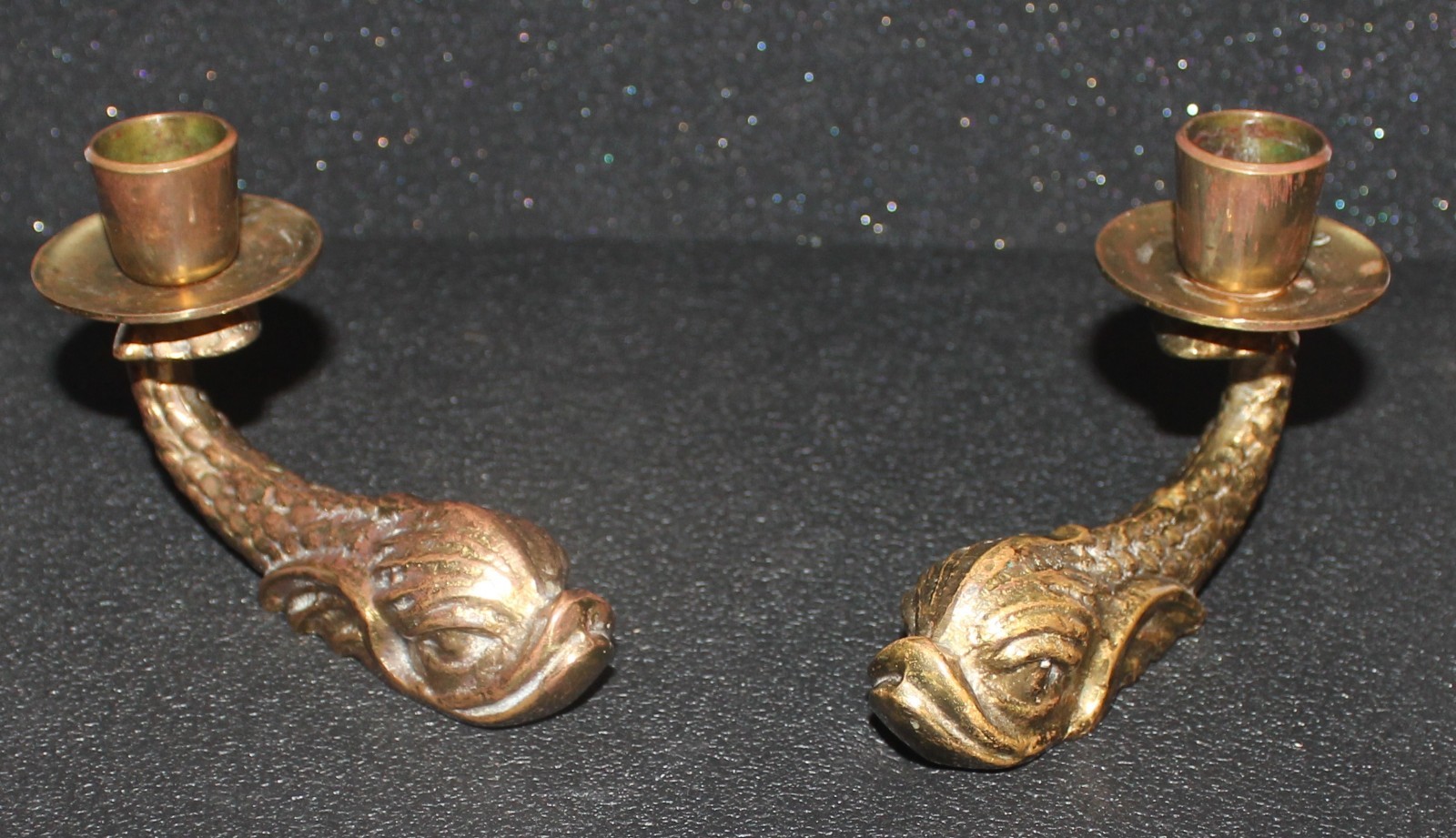 Vintage PAIR F. ABELA & SONS Malta Brass Stylized Dolphin Fish Candle Holders