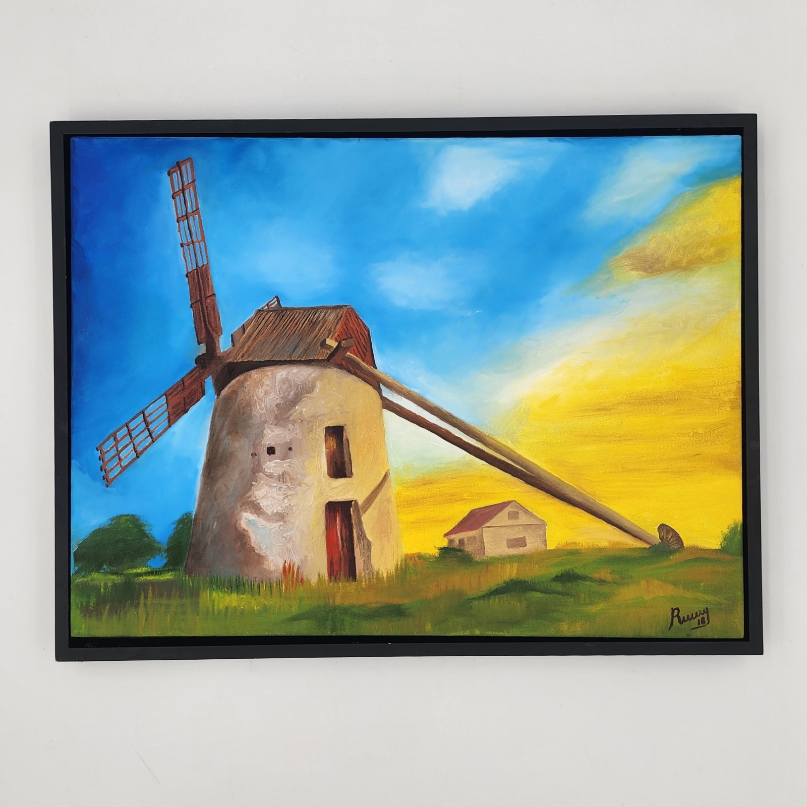 Original Oil Painting – Signed Dutch Windmill Sunset 18x24 Framed